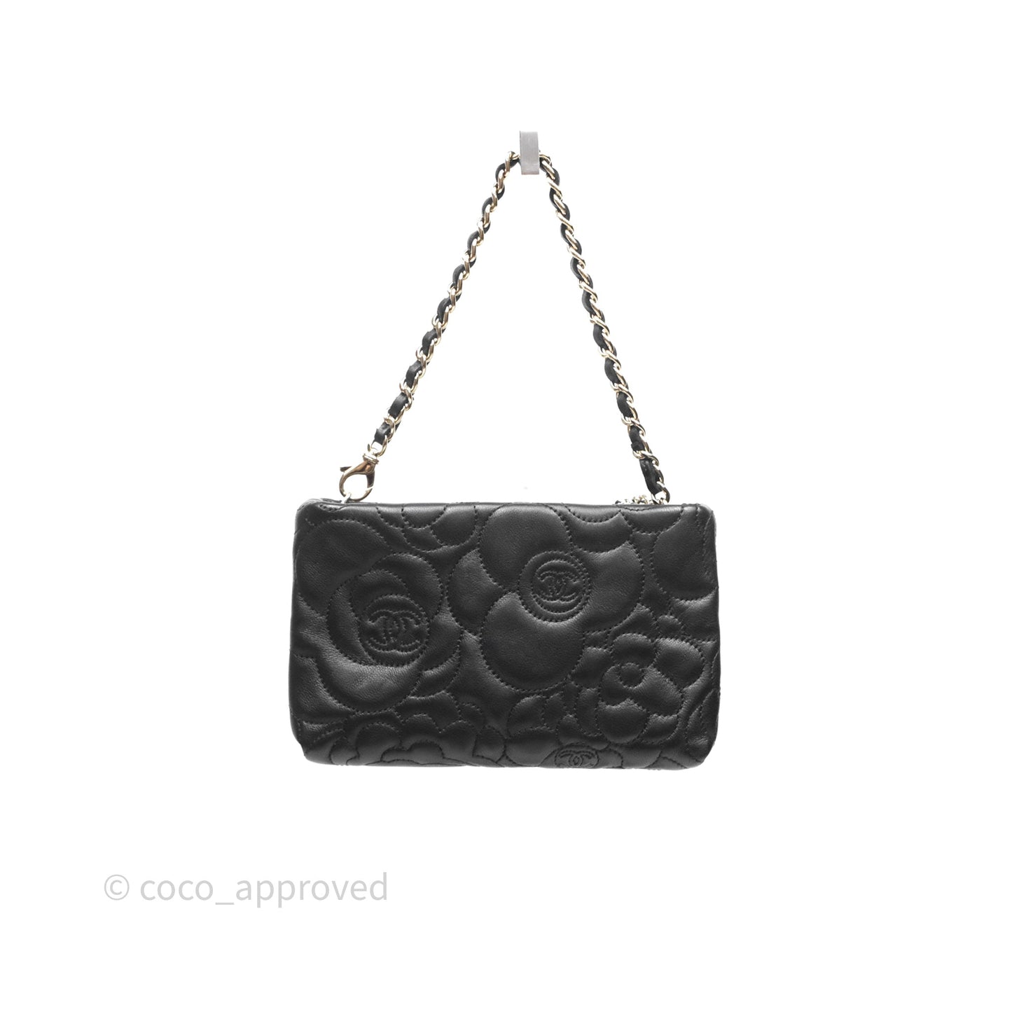 Chanel Camellia Pochette Clutch Black Lambskin Gold Hardware