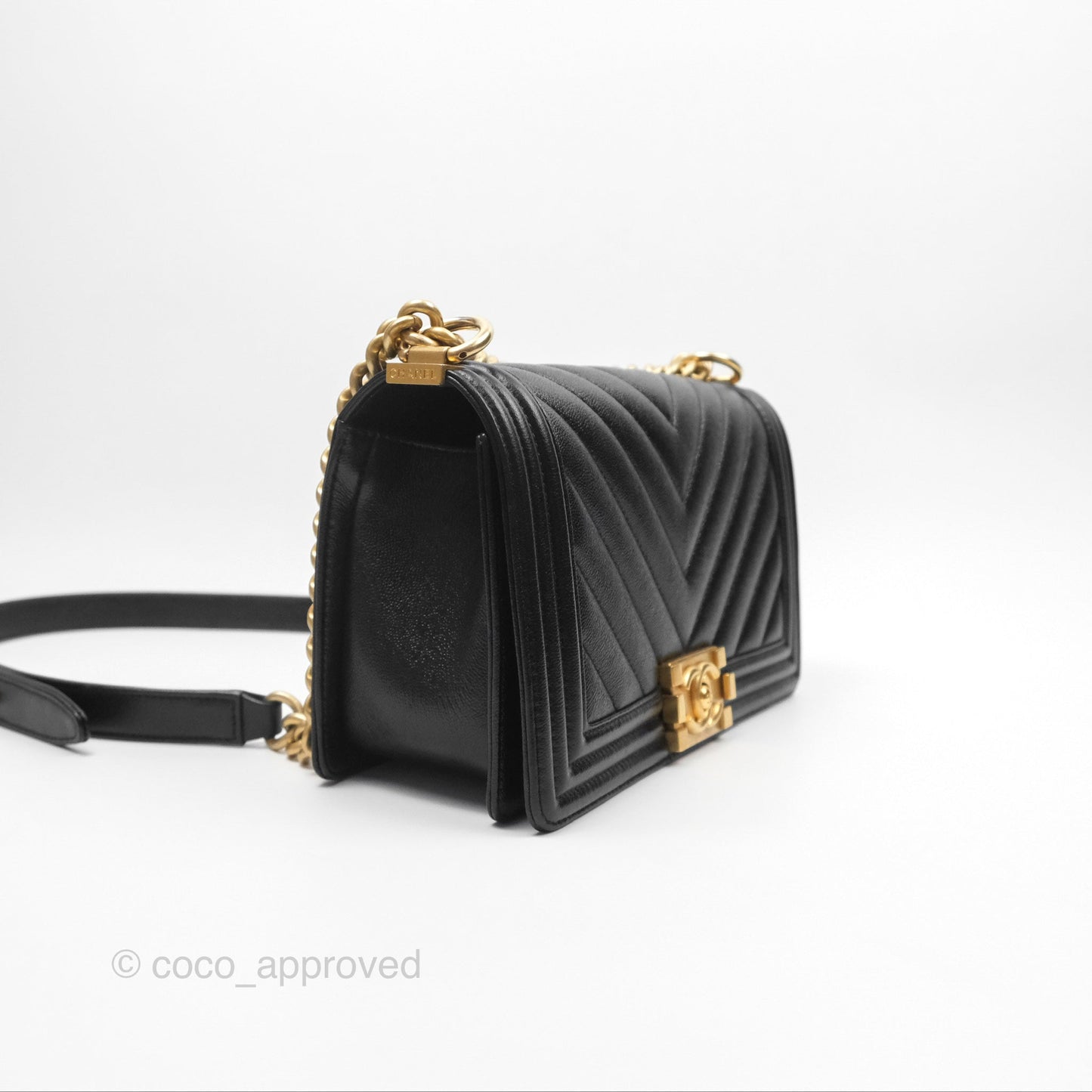 Chanel Medium Boy Chevron Black Caviar Aged Gold Hardware