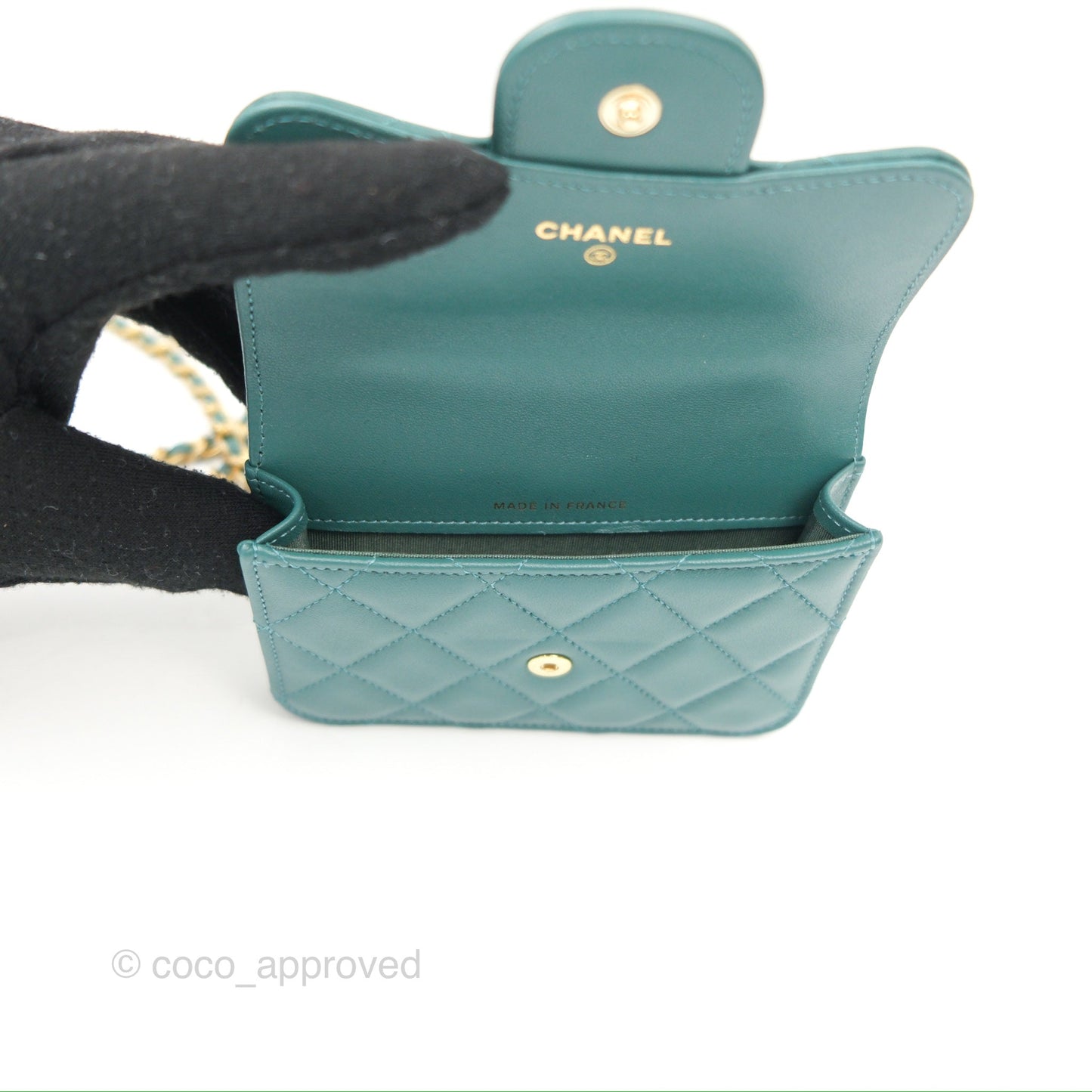 Chanel Mini Handle Flap Coin Purse With Chain Teal Green Lambskin Aged Gold Hardware