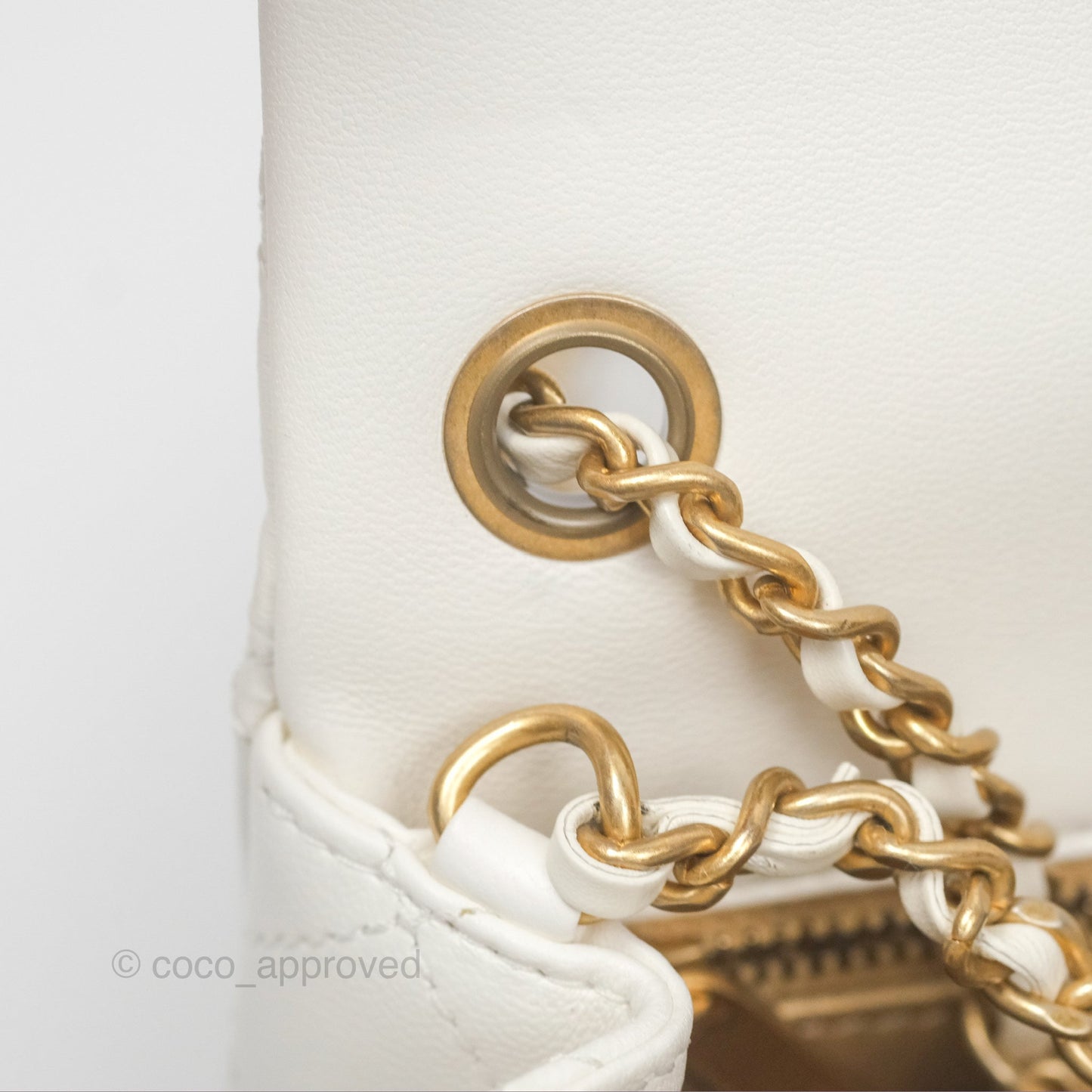 Chanel Mini Rectangular Pearl Crush Quilted White Lambskin Aged Gold Hardware