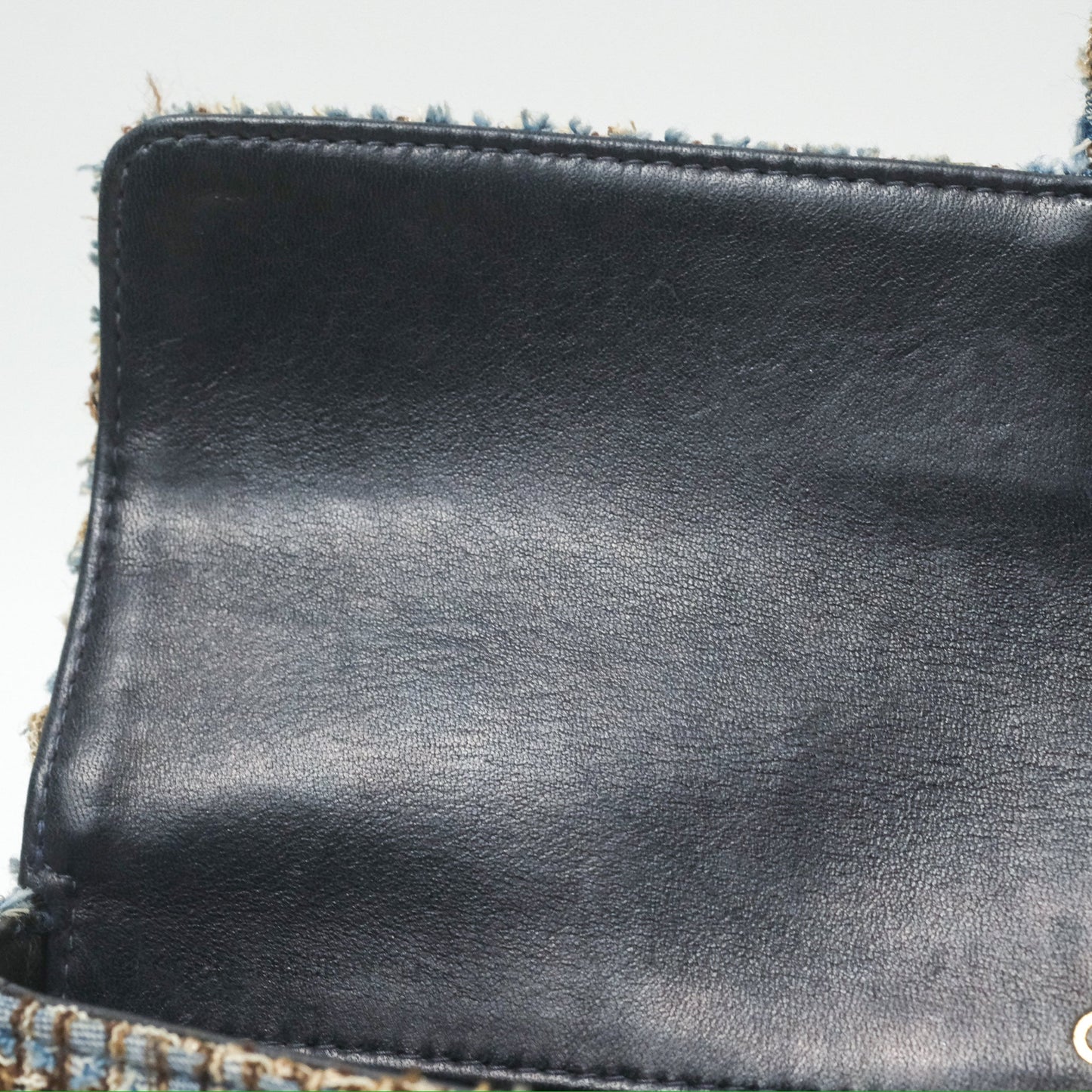 Chanel East West Chocolate Bar Flap Bag Grey Blue Tweed 24K Gold Hardware