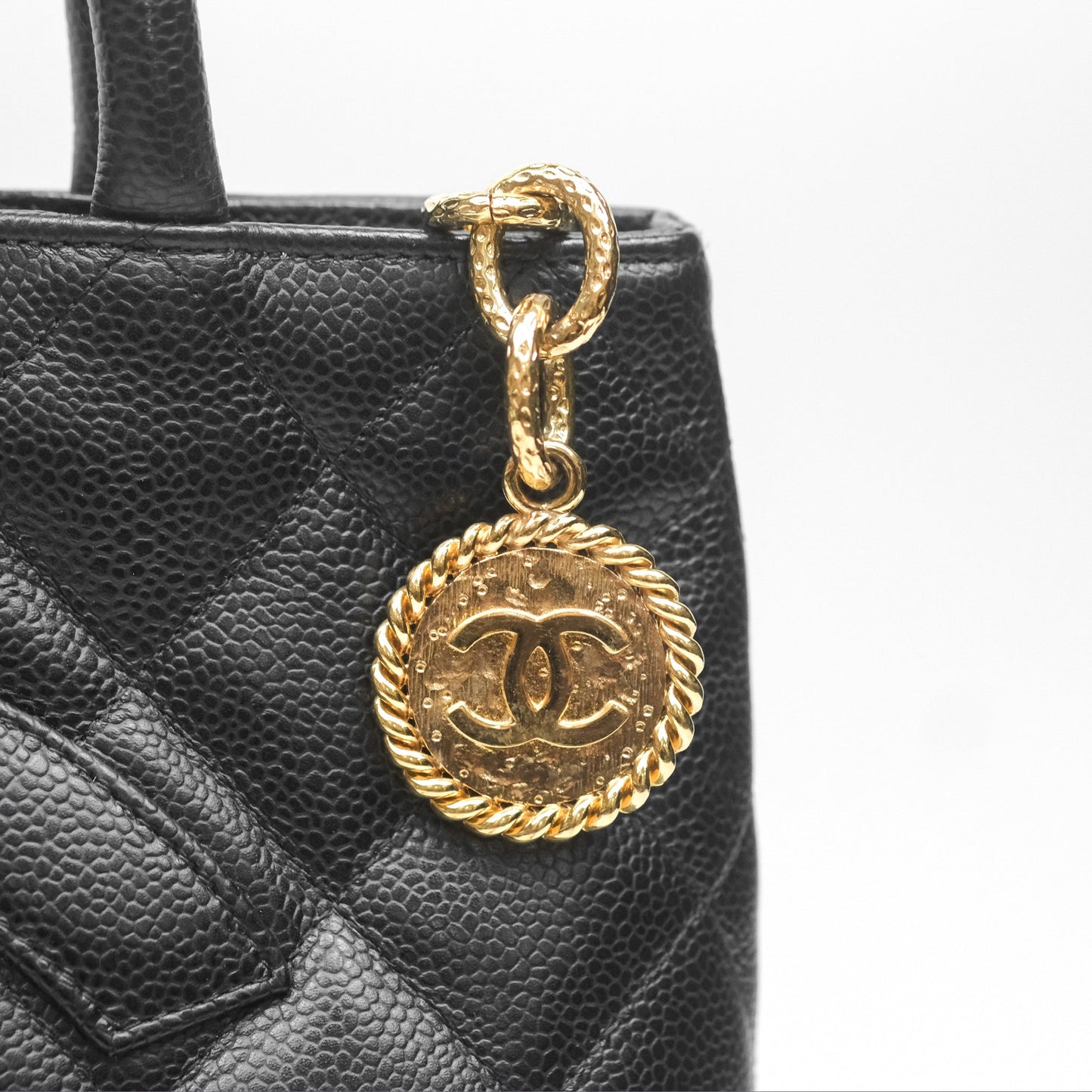 Chanel Vintage Medallion CC Black Caviar Tote Bag Gold Hardware