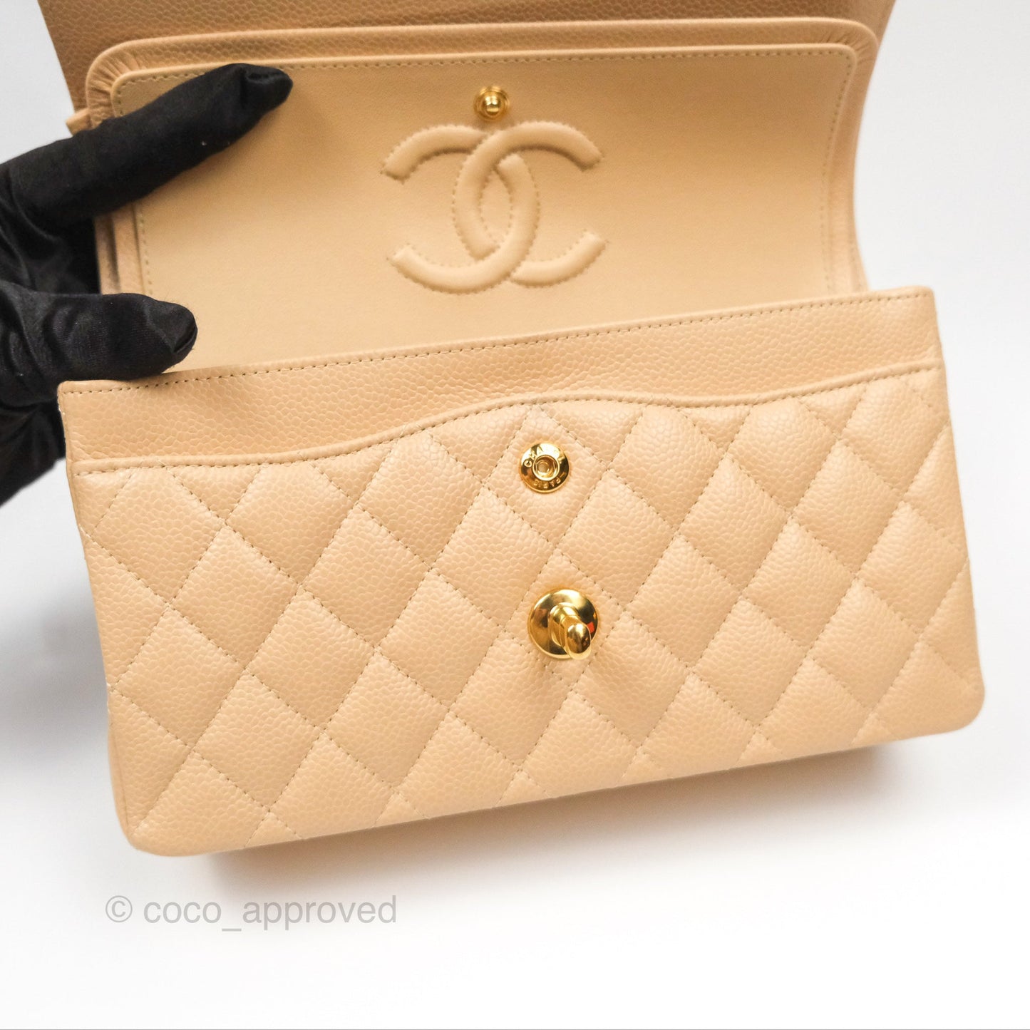 Chanel Small Quilted Classic Flap Beige Caviar Gold Hardware
