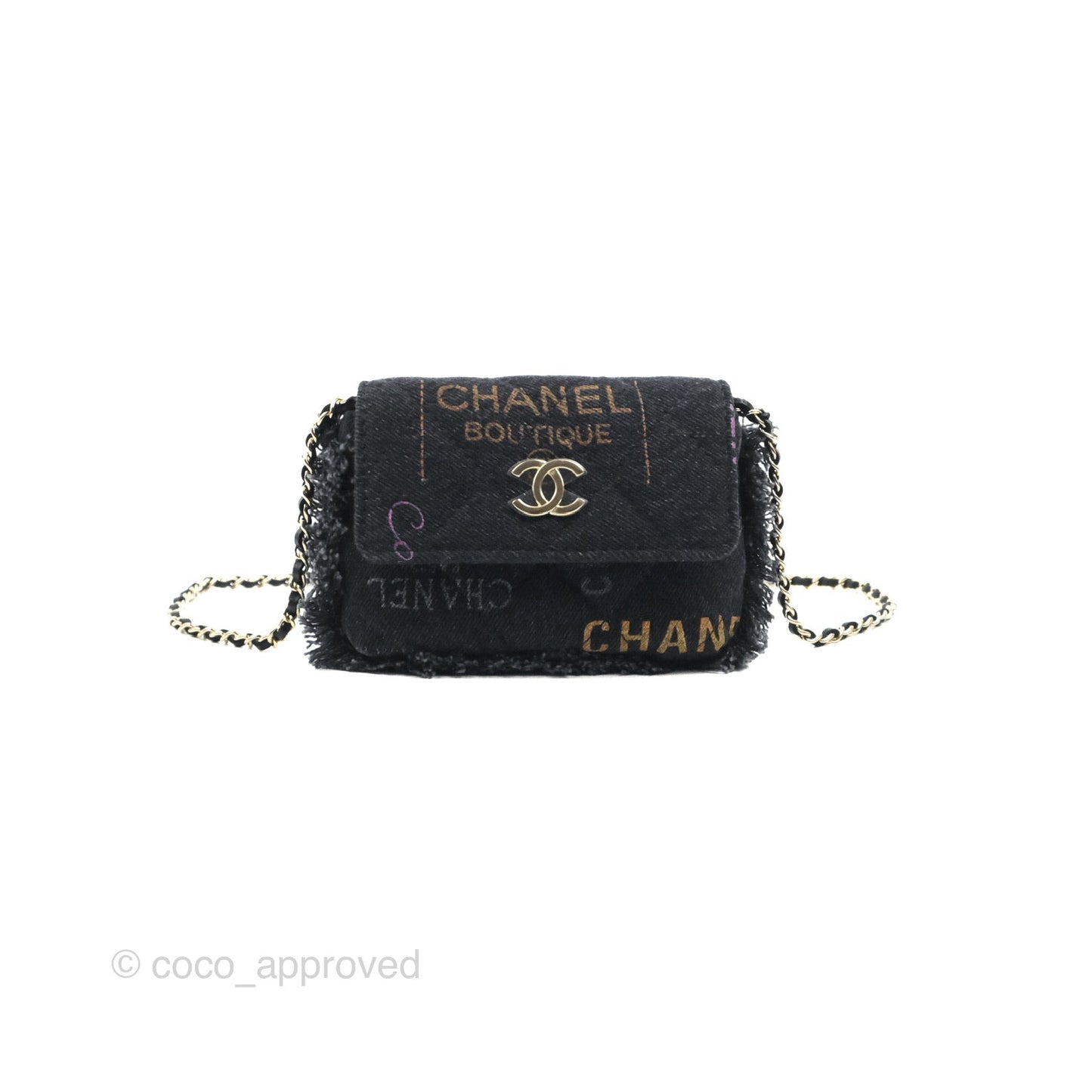 Chanel Printed Denim Card Holder with Chain Black 22P