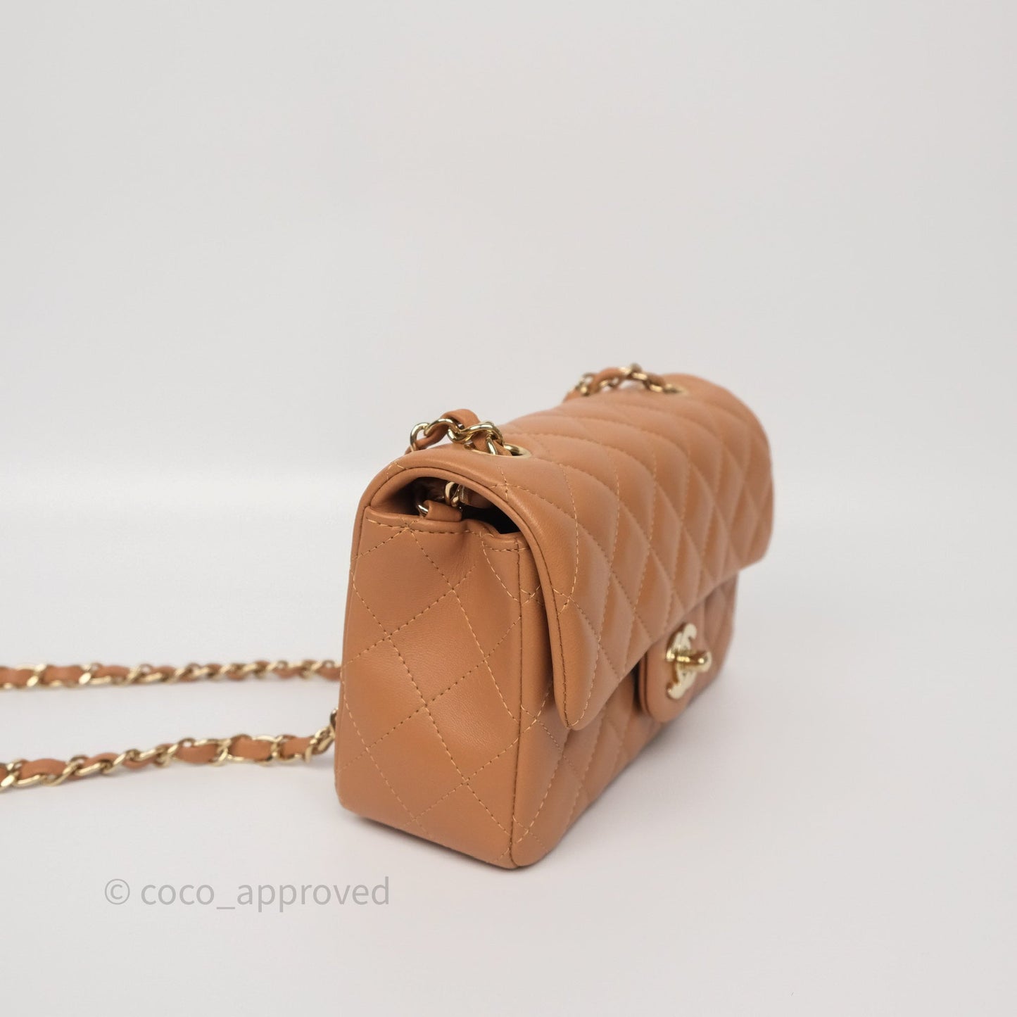 Chanel Mini Rectangular Flap Quilted Caramel Beige Lambskin Gold Hardware