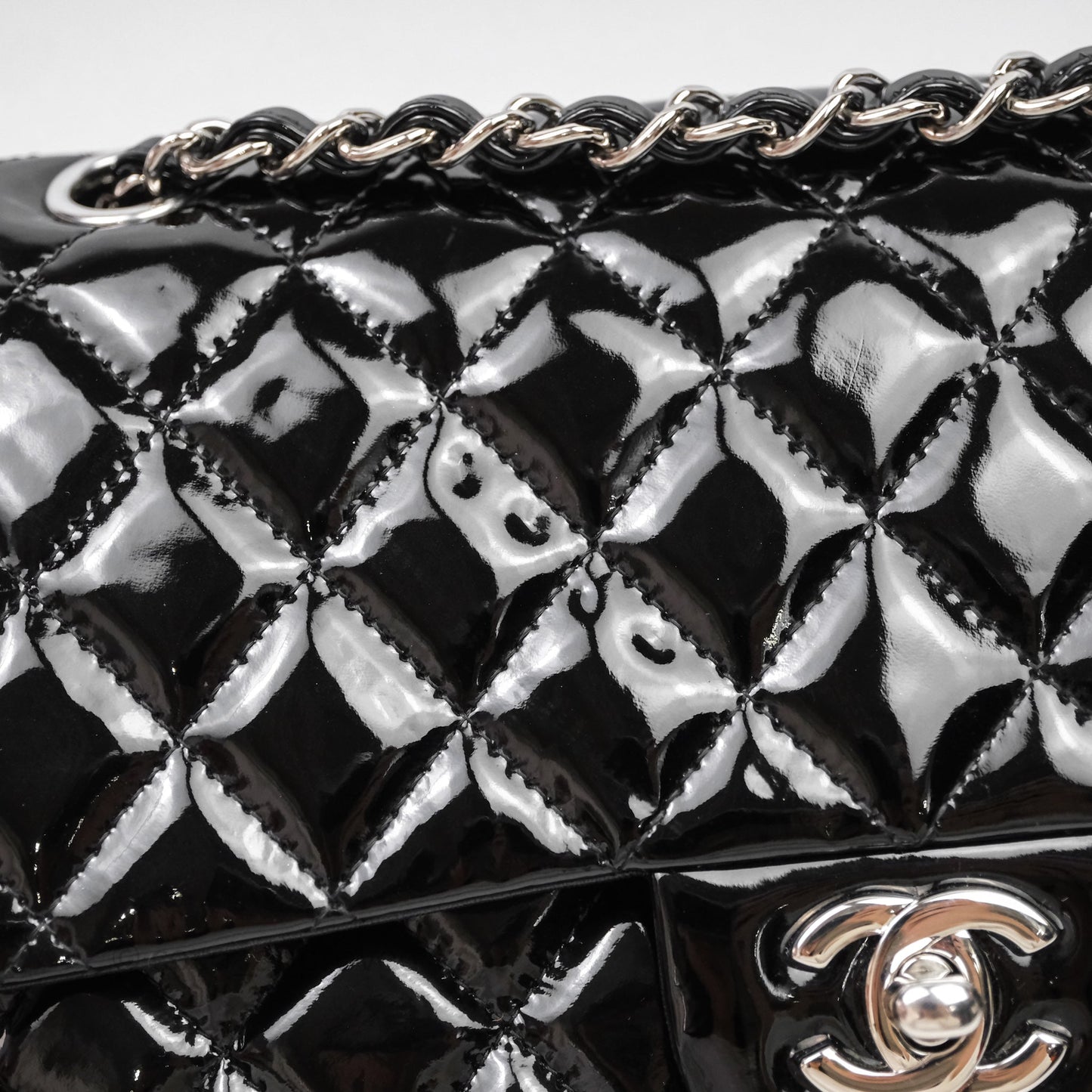 Chanel Medium Classic Flap Quilted Black Patent Silver Hardware