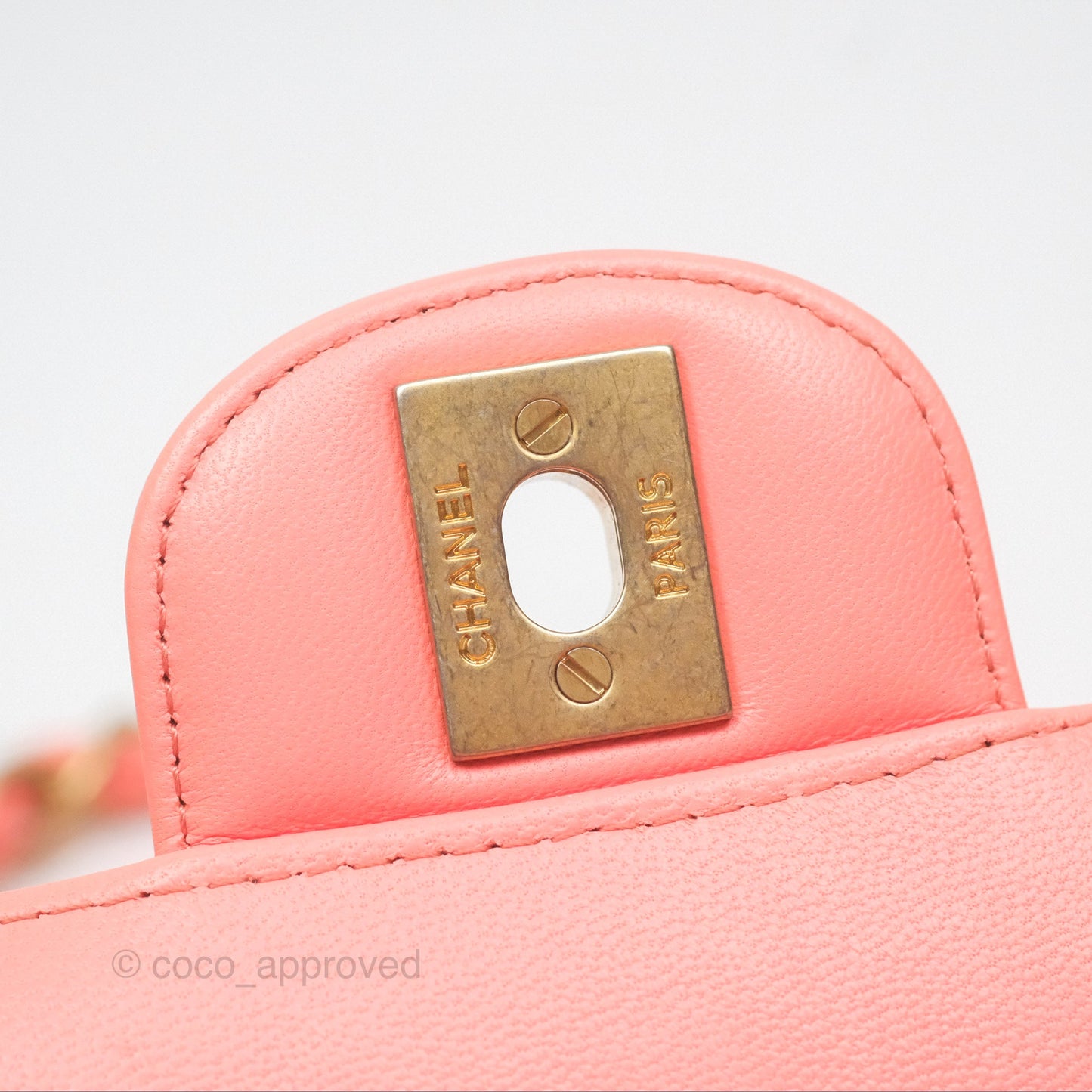 Chanel Chevron Mini Rectangular Flap Peach Pink Lambskin Aged Gold Hardware