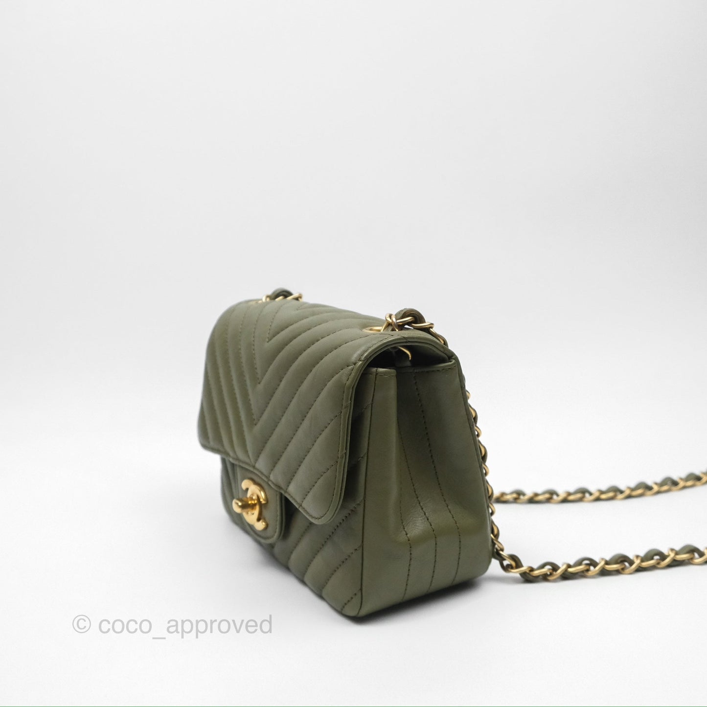 Chanel Mini Square Flap Chevron Olive Green Calfskin Gold Hardware