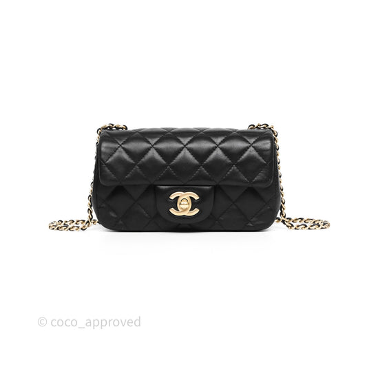 Chanel Quilted Extra Mini Rectangular Flap Black Lambskin Aged Gold Hardware