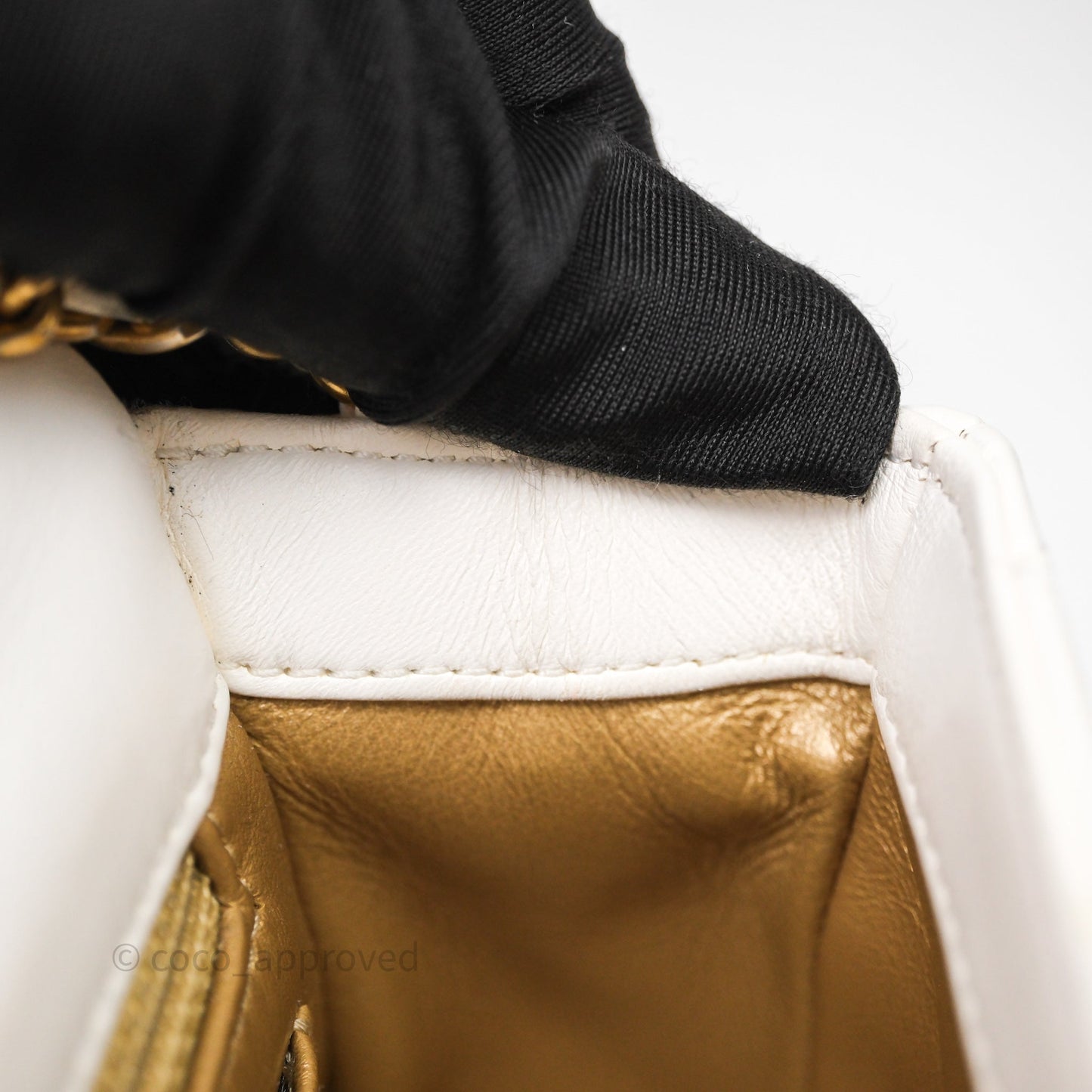 Chanel Mini Rectangular Pearl Crush Quilted White Lambskin Aged Gold Hardware