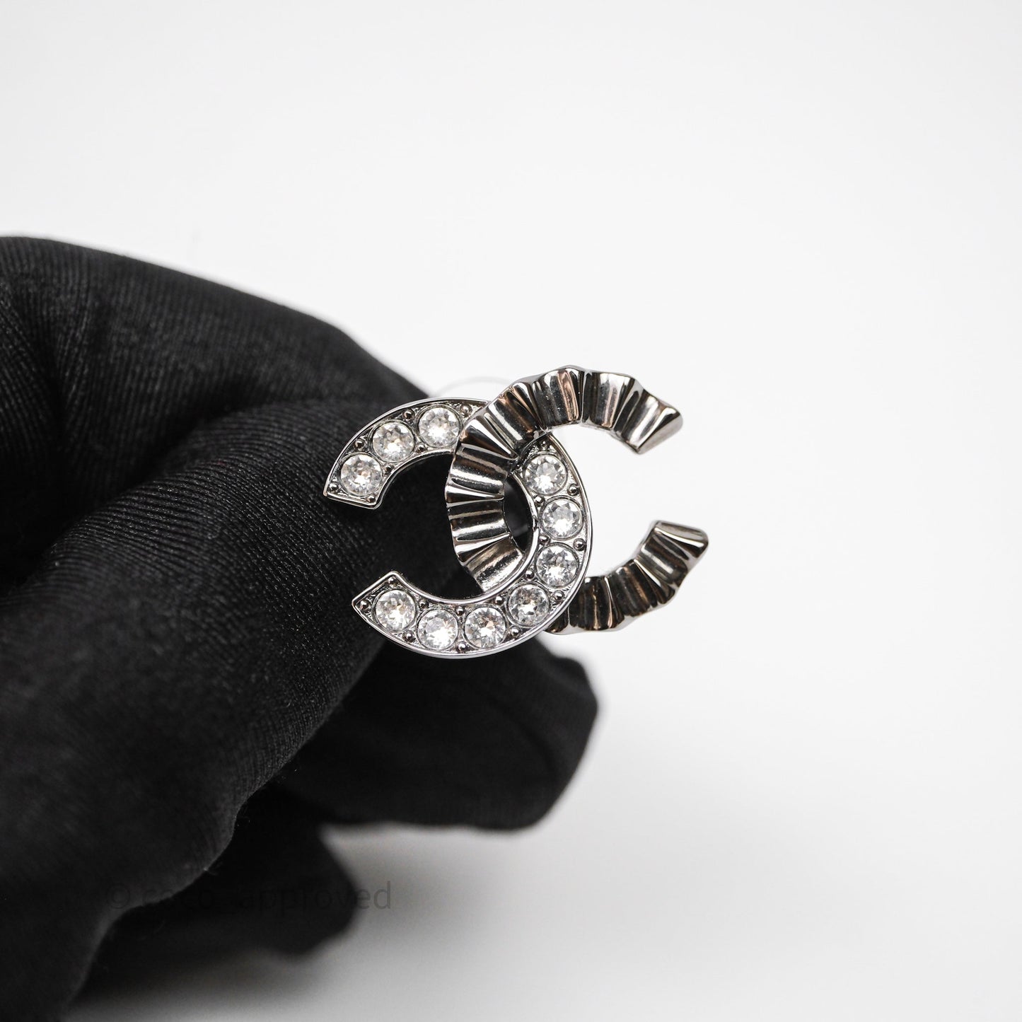 Chanel CC Half Crystal Earrings Silver Tone 21A