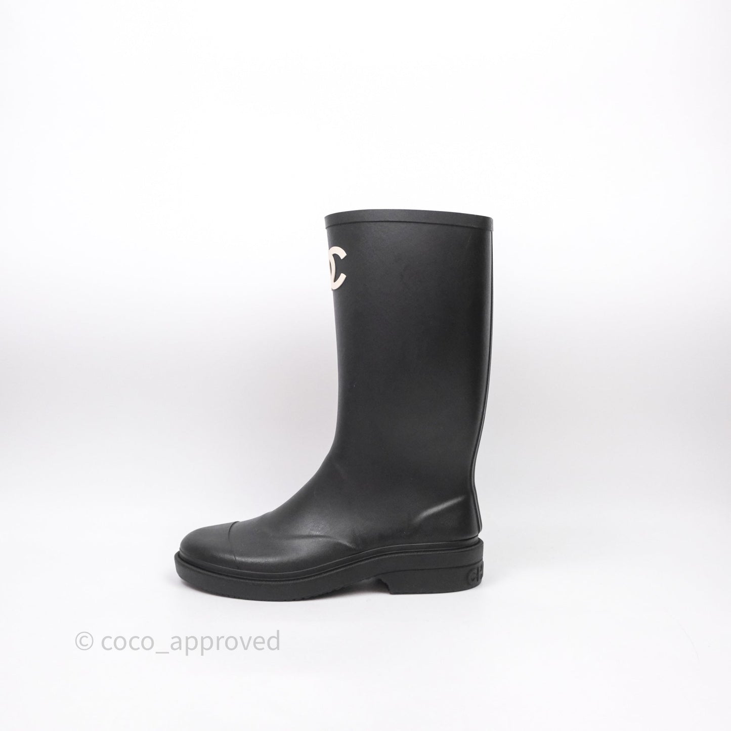 Chanel CC Black Rubber Rain Boots Size 39