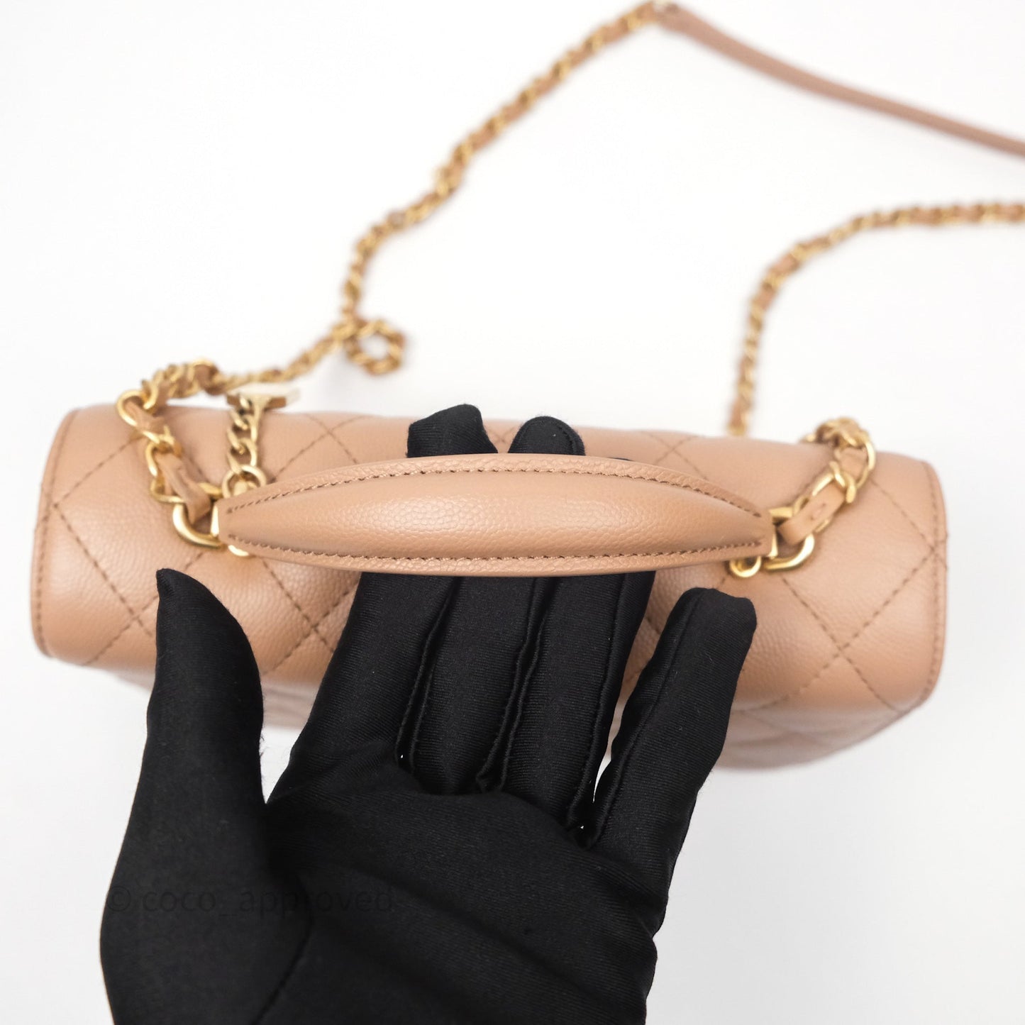 Chanel Quilted Accordion Flap Bag with Handle Beige Caviar Aged Gold Hardware 23B