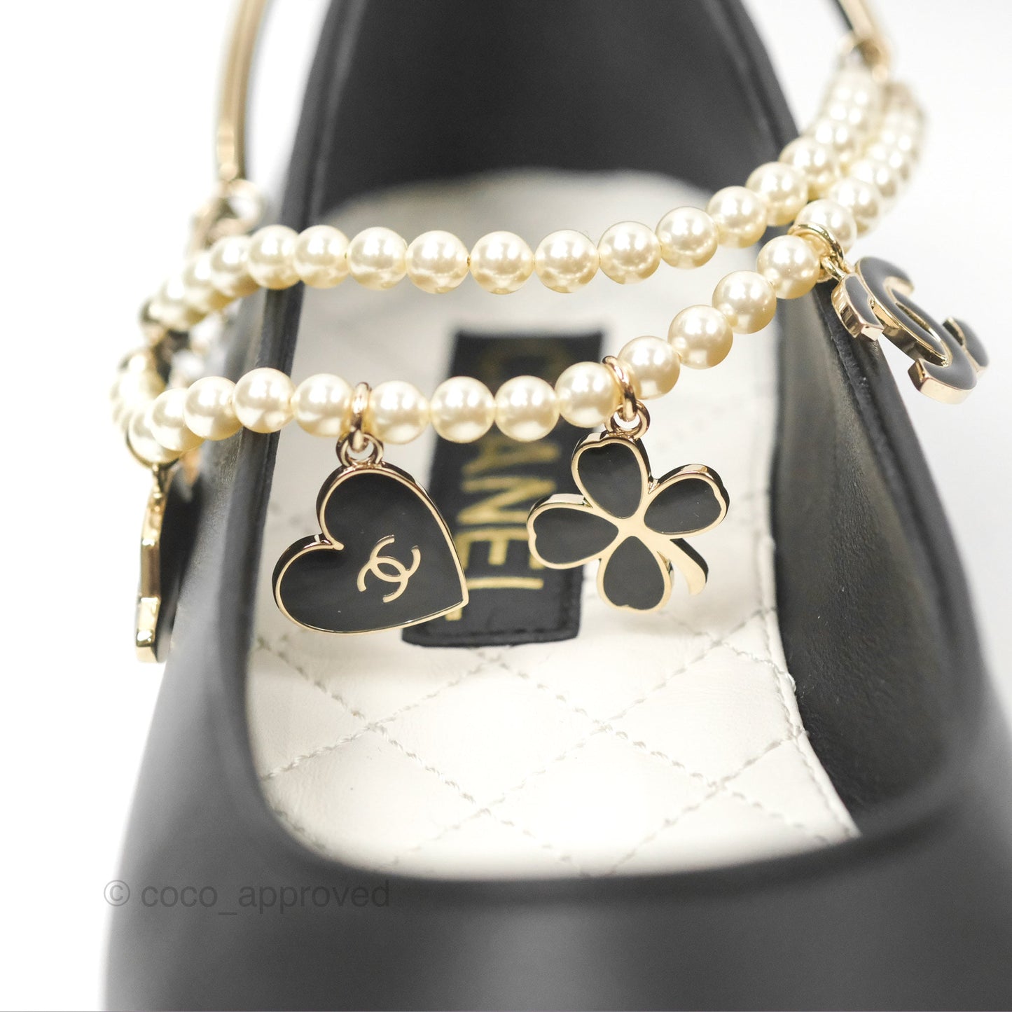 Chanel Ankle Double Pearl Pendant Flat Ballerinas Black Lambskin Size 37