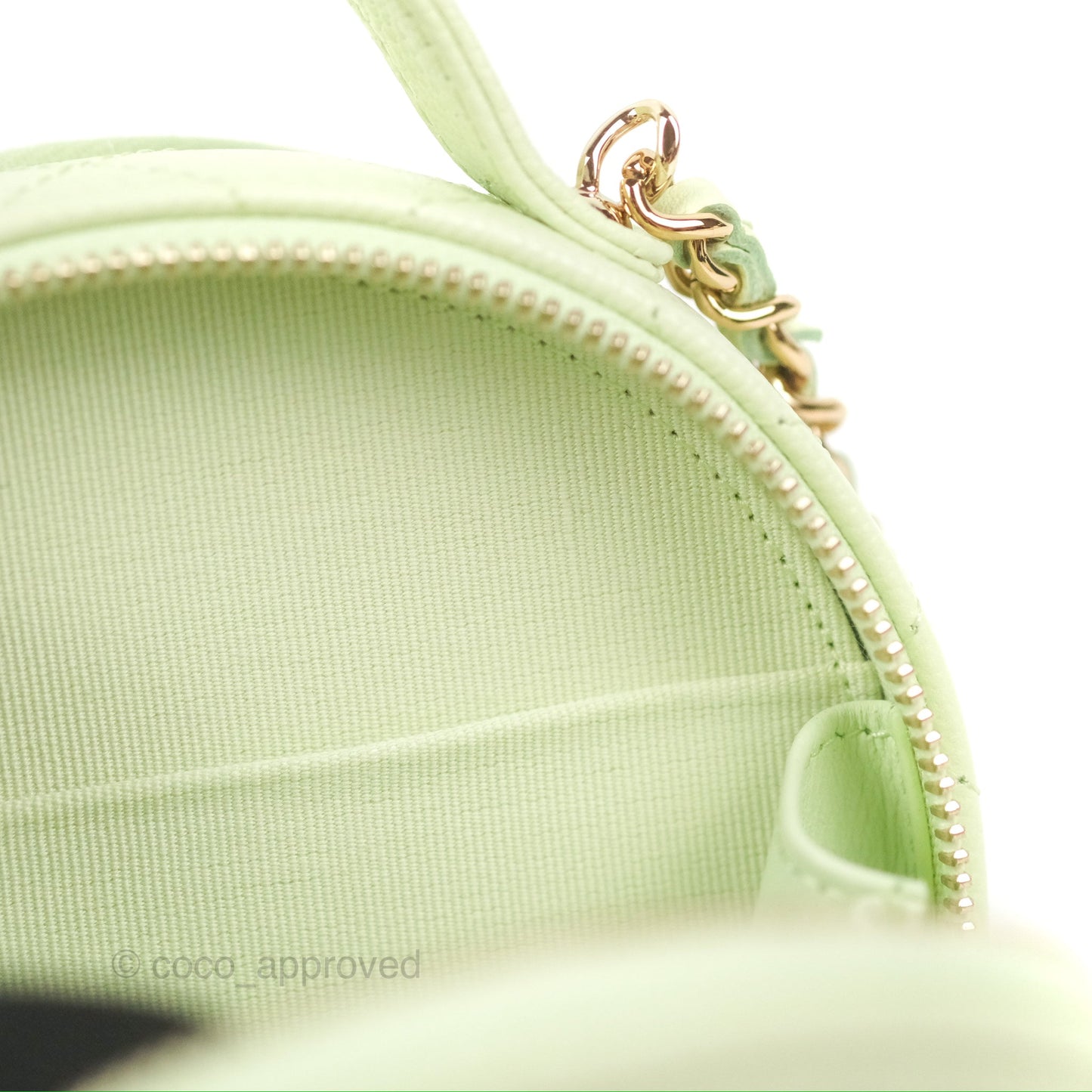 Chanel Mini Round Vanity Bag Handle With Care Light Green Caviar 22C