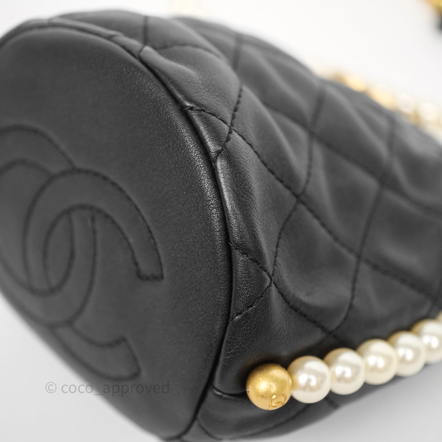 Chanel Quilted Pearl Mini About Pearls Drawstring Bucket Bag Black Calfskin