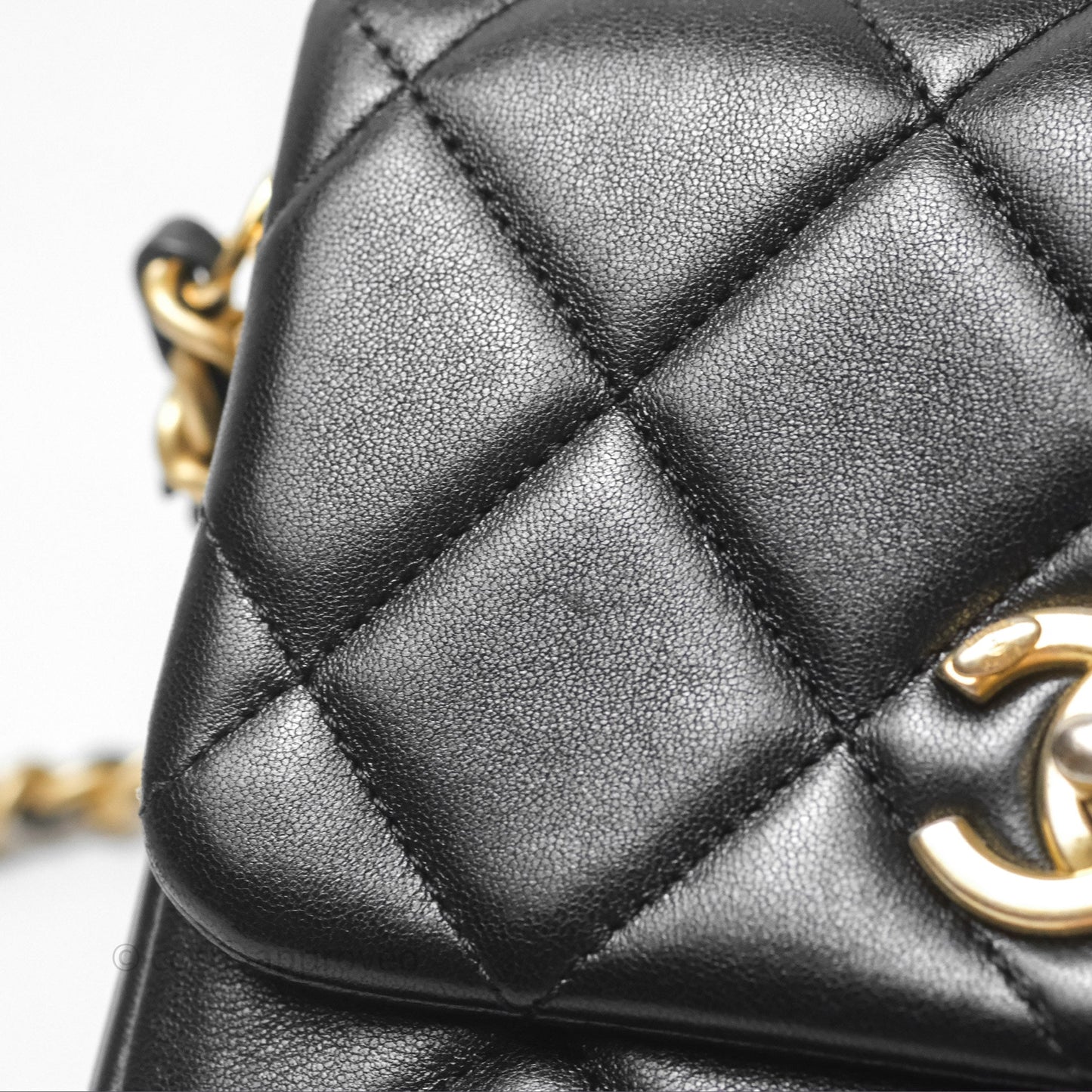 Chanel Logo Mini Square Flap Bag Black Lambskin Aged Gold Hardware 21B