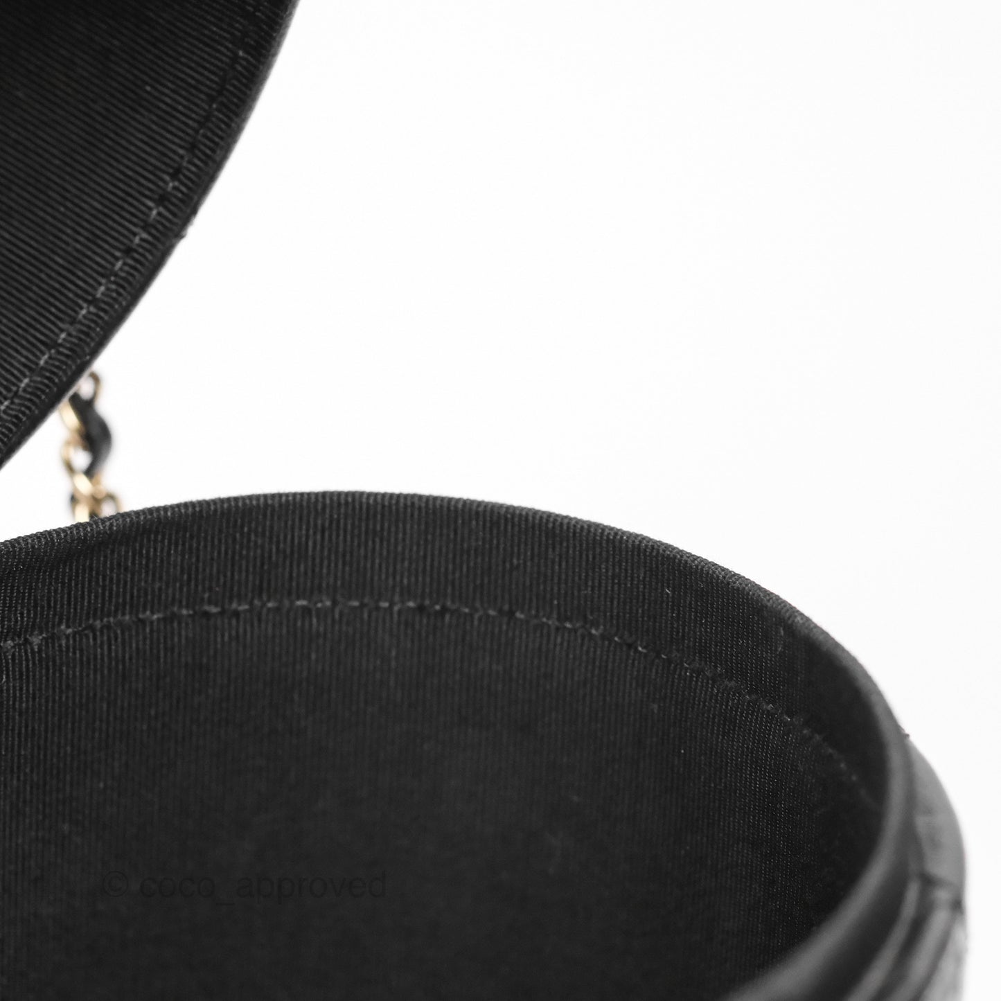 Chanel Quilted Round Vanity Clutch With Chain Black Lambskin Gold Hardware