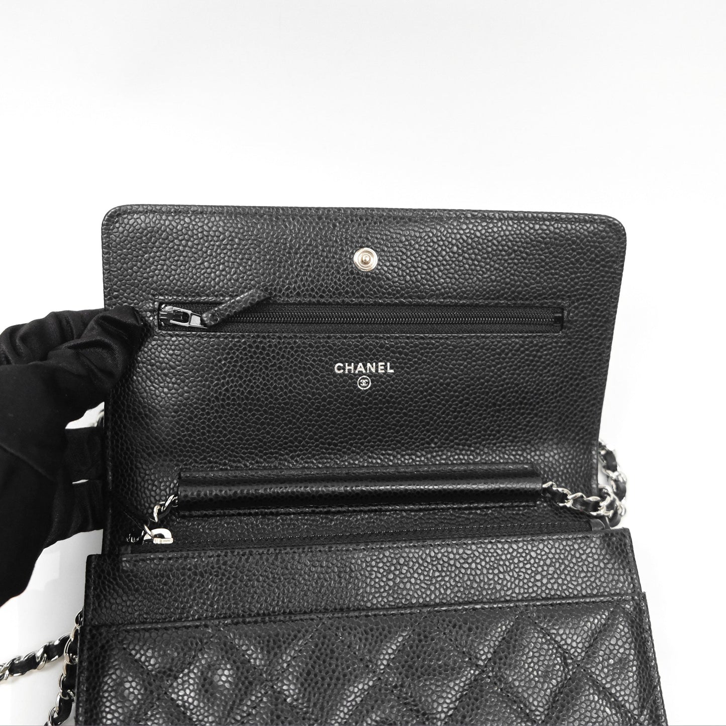 Chanel Quilted Classic Wallet On Chain WOC Black Caviar Silver Hardware