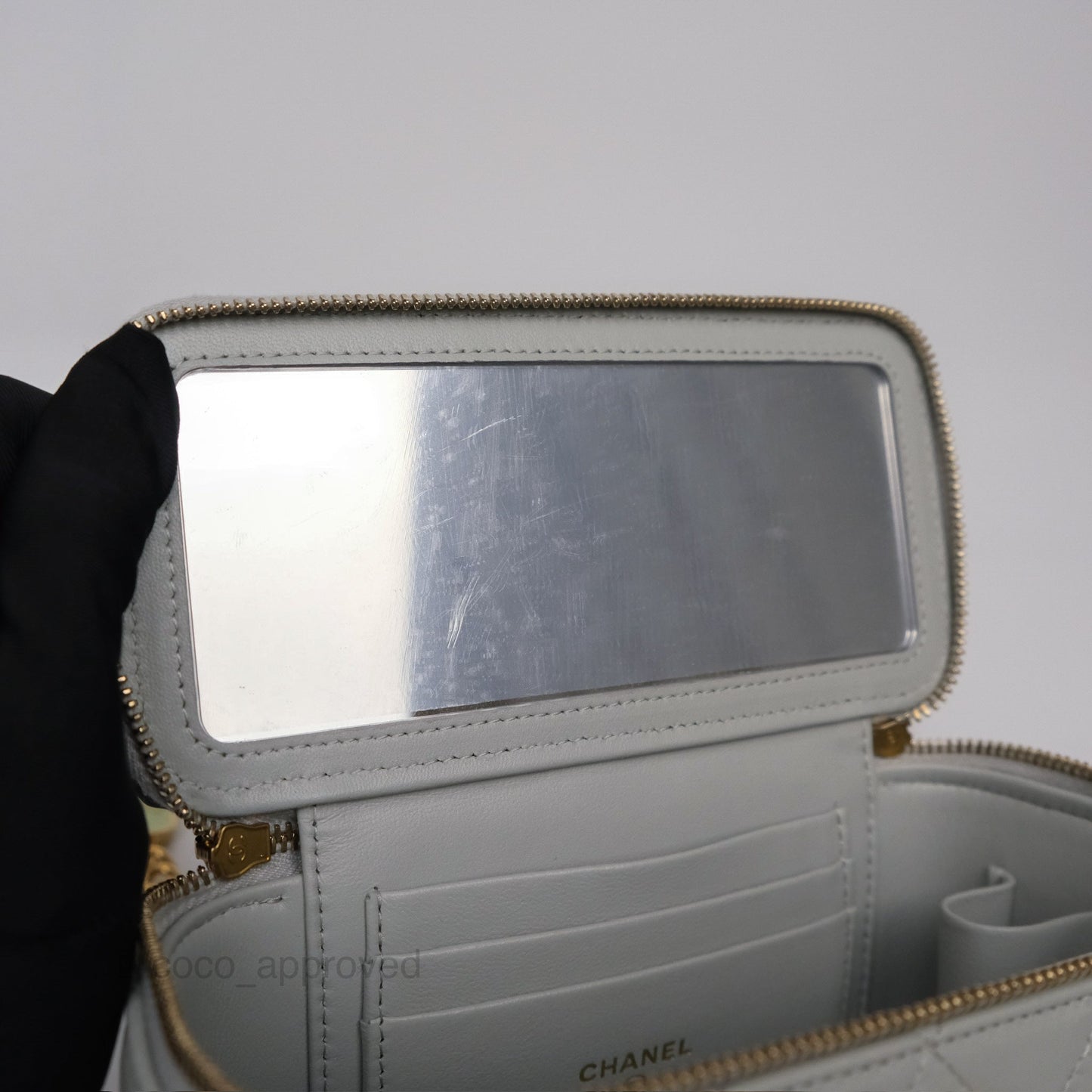 Chanel Quilted Vanity Rectangular with Chain Grey Blue Lambskin Gold Hardware