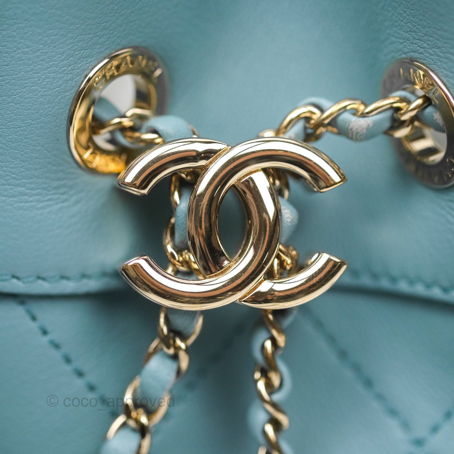 Chanel Small Drawstring Bucket Bag Blue Calfskin Gold Hardware