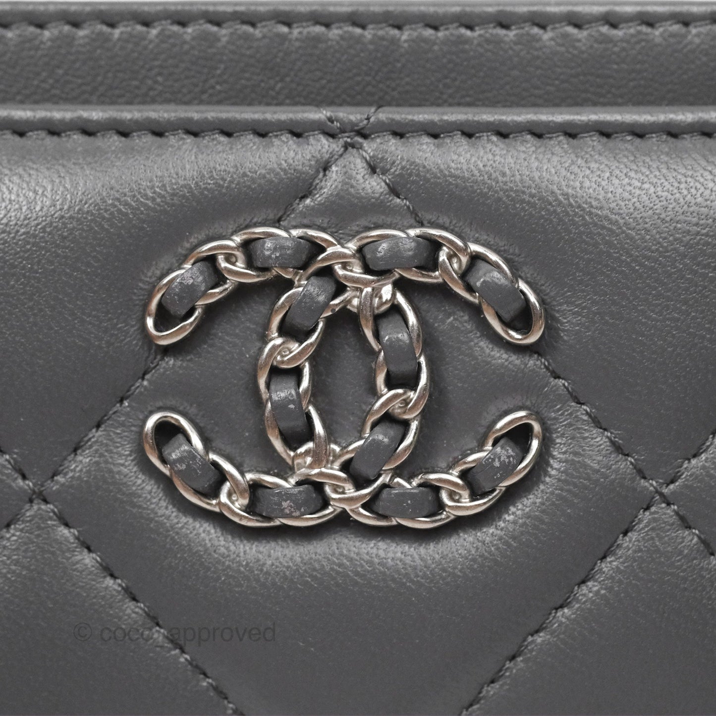 Chanel 19 Quilted Grey Flat Card Holder Silver Hardware