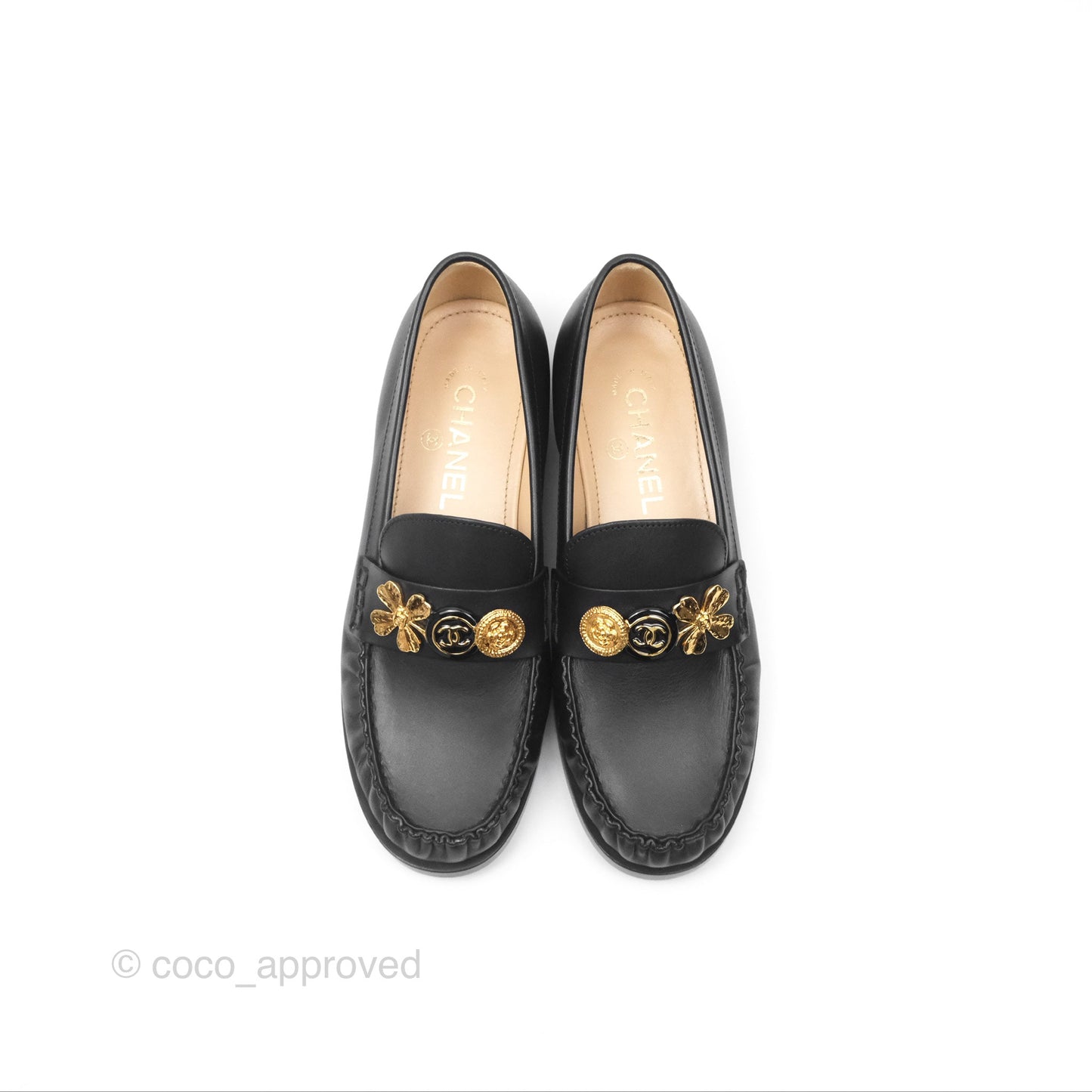 Chanel Loafers Black Leather CC Clover Camellia 23S Size 37C