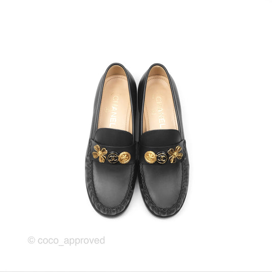 Chanel Loafers Black Leather CC Clover Camellia 23S Size 37C