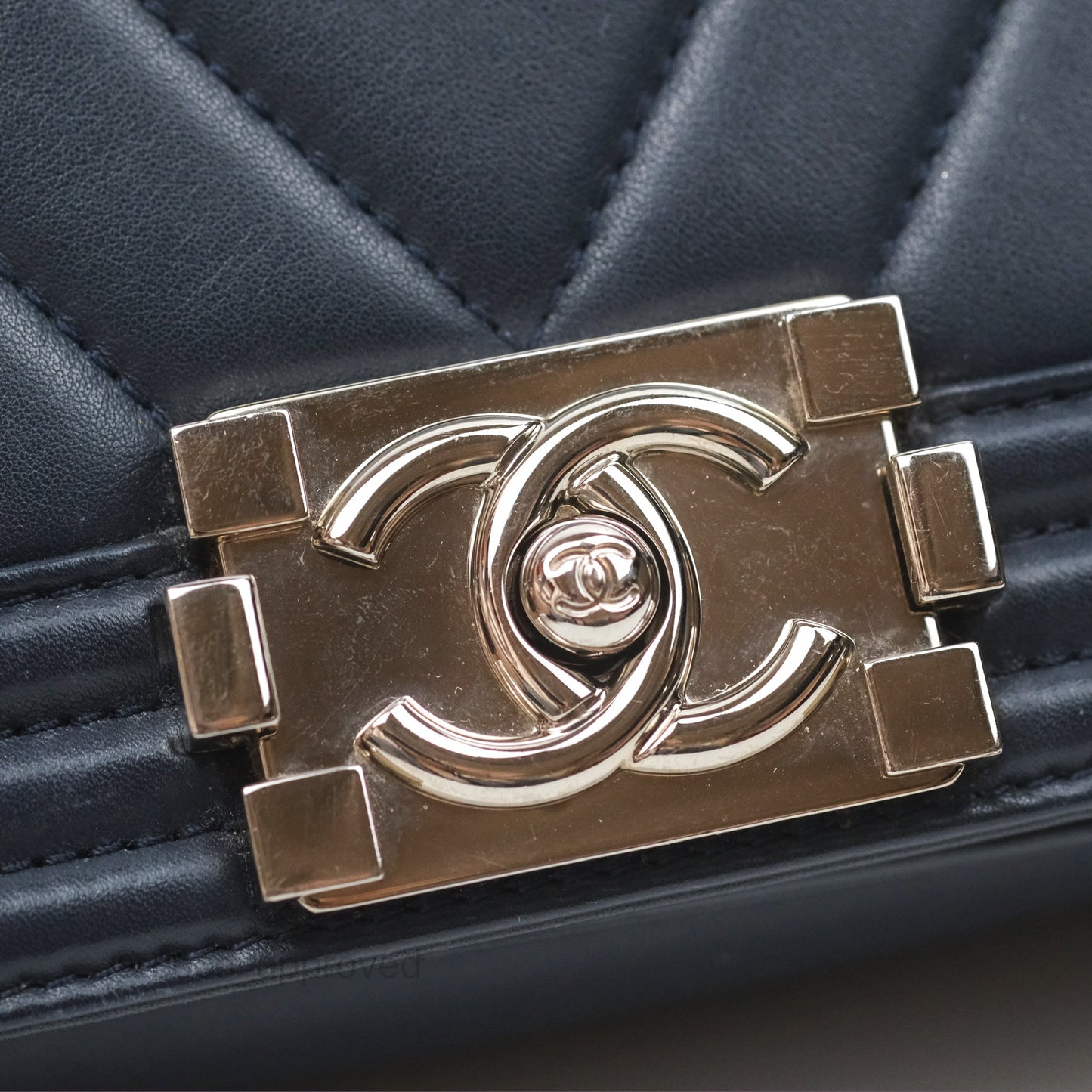Chanel Small Chevron Boy Navy Calfskin Silver Hardware