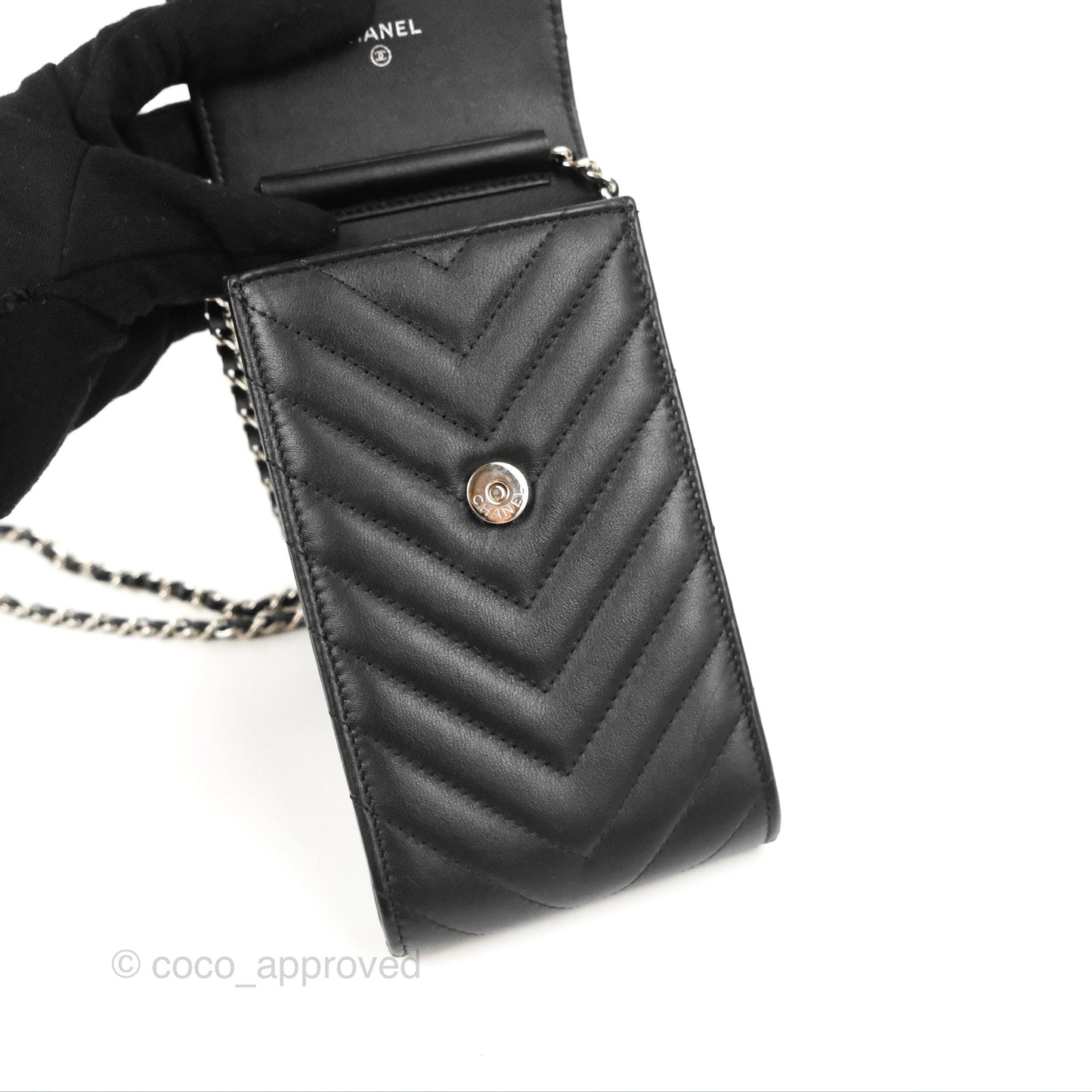 Chanel Classic Chevron Phone Holder Black Calfskin Silver Hardware