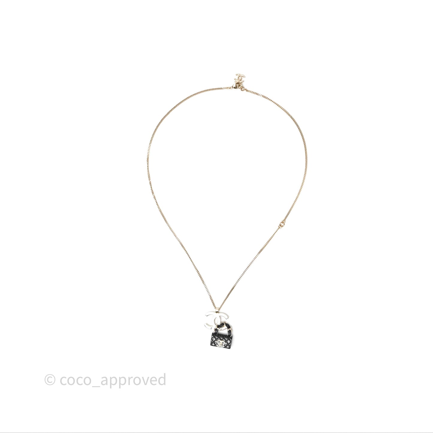 Chanel CC Black Flap Bag Pendant Necklace Gold Tone