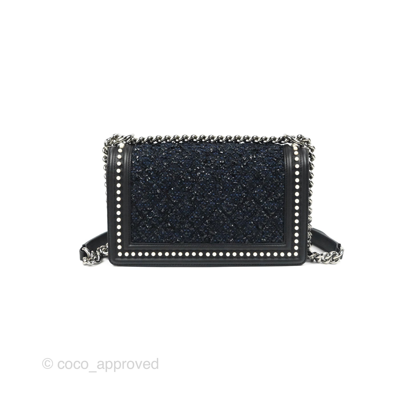 Chanel Medium Pearl Around Boy Black/Navy Tweed Gun Metal Hardware