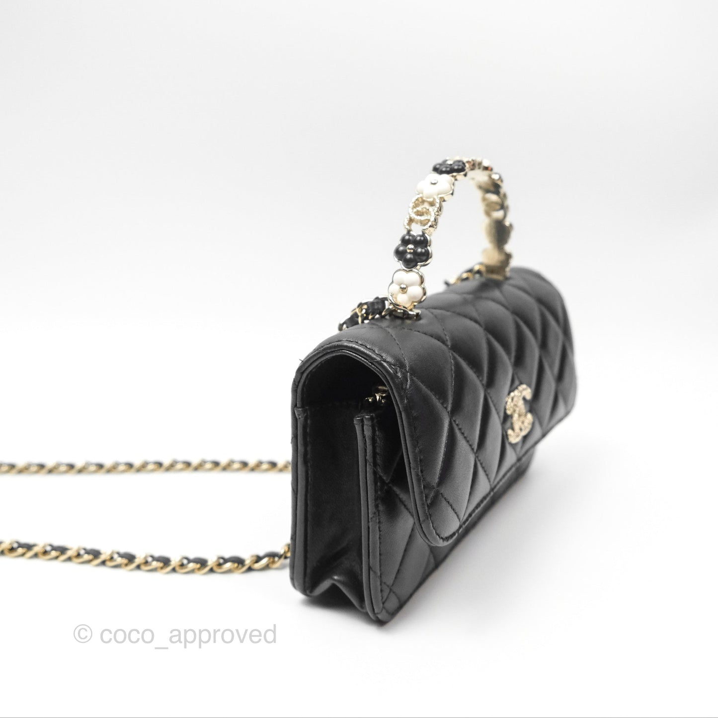 Chanel Camellia Handle Mini WOC Phone Holder with Chain Black Lambskin 23K