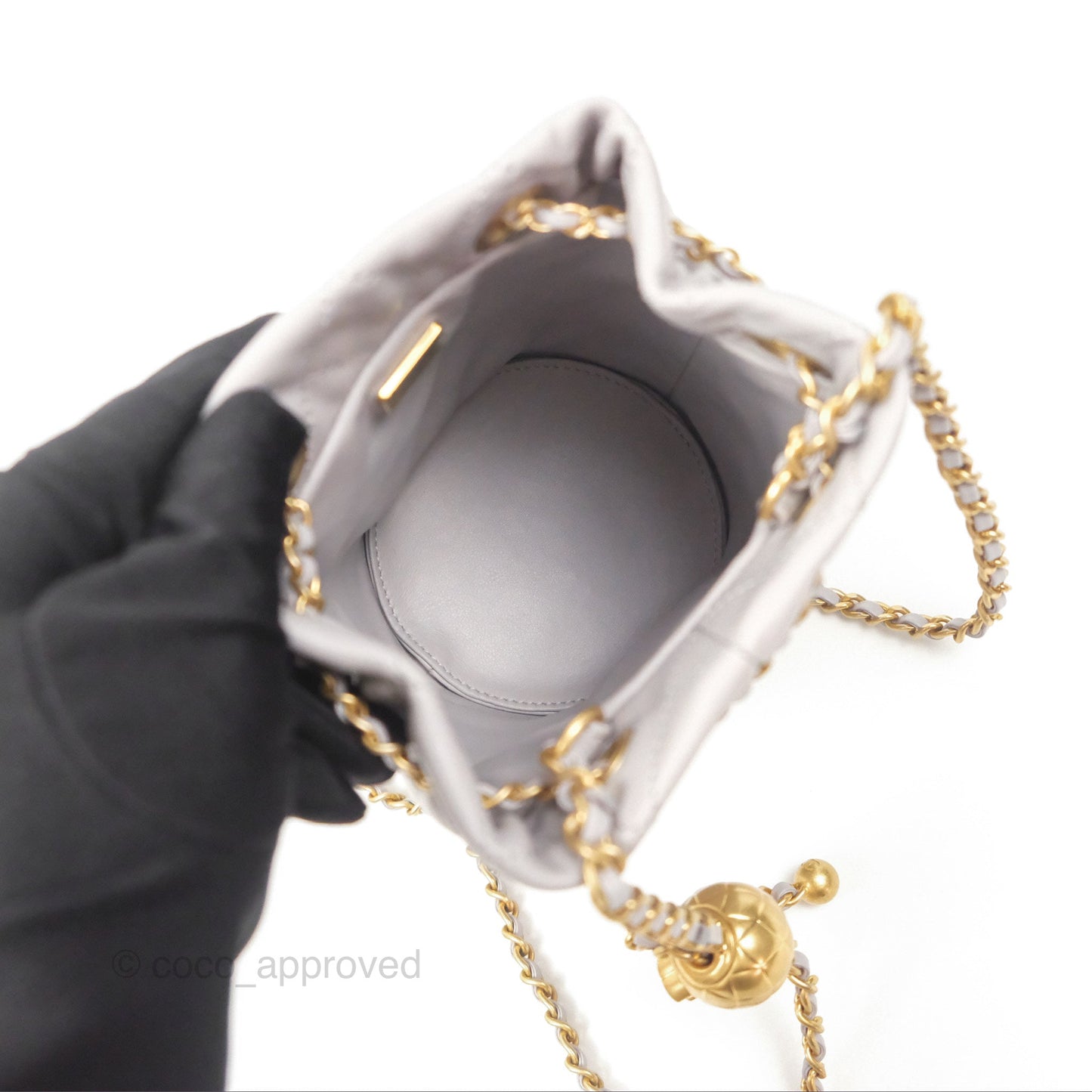 Chanel Pearl Crush Drawstring Bucket Bag Grey Lambskin Aged Gold Hardware