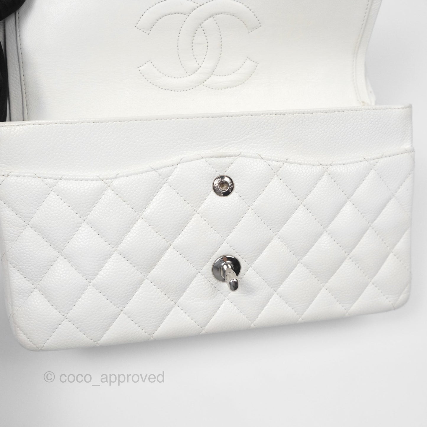 Chanel Classic M/L Medium Flap Quilted White Caviar Silver Hardware