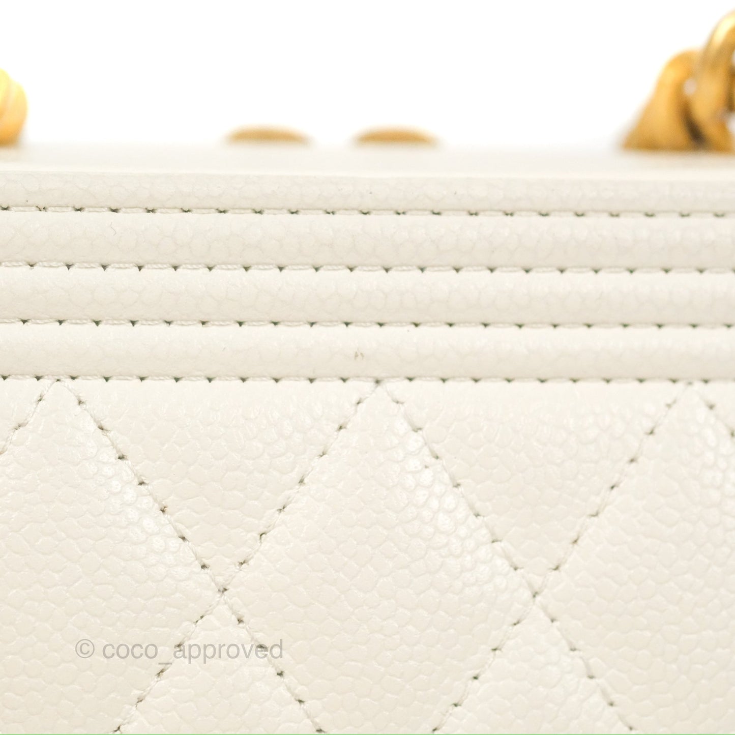 Chanel Mini Boy Clutch with Chain White Caviar Aged Gold Hardware
