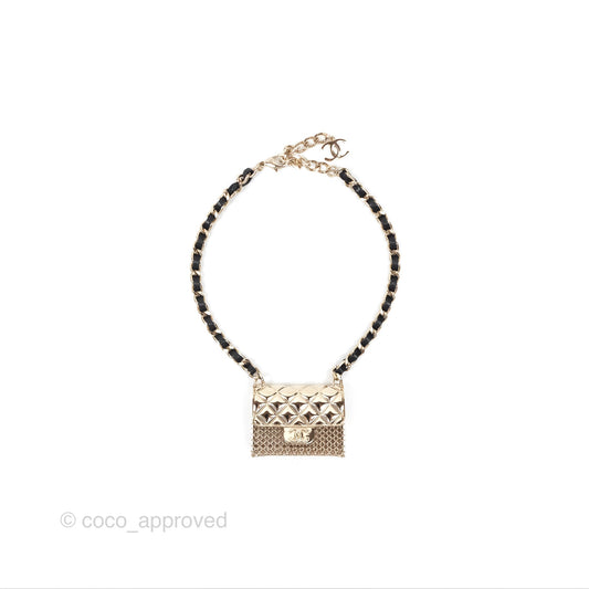 Chanel Flap Bag Charm Black Leather Chain Necklace Gold Tone 21S