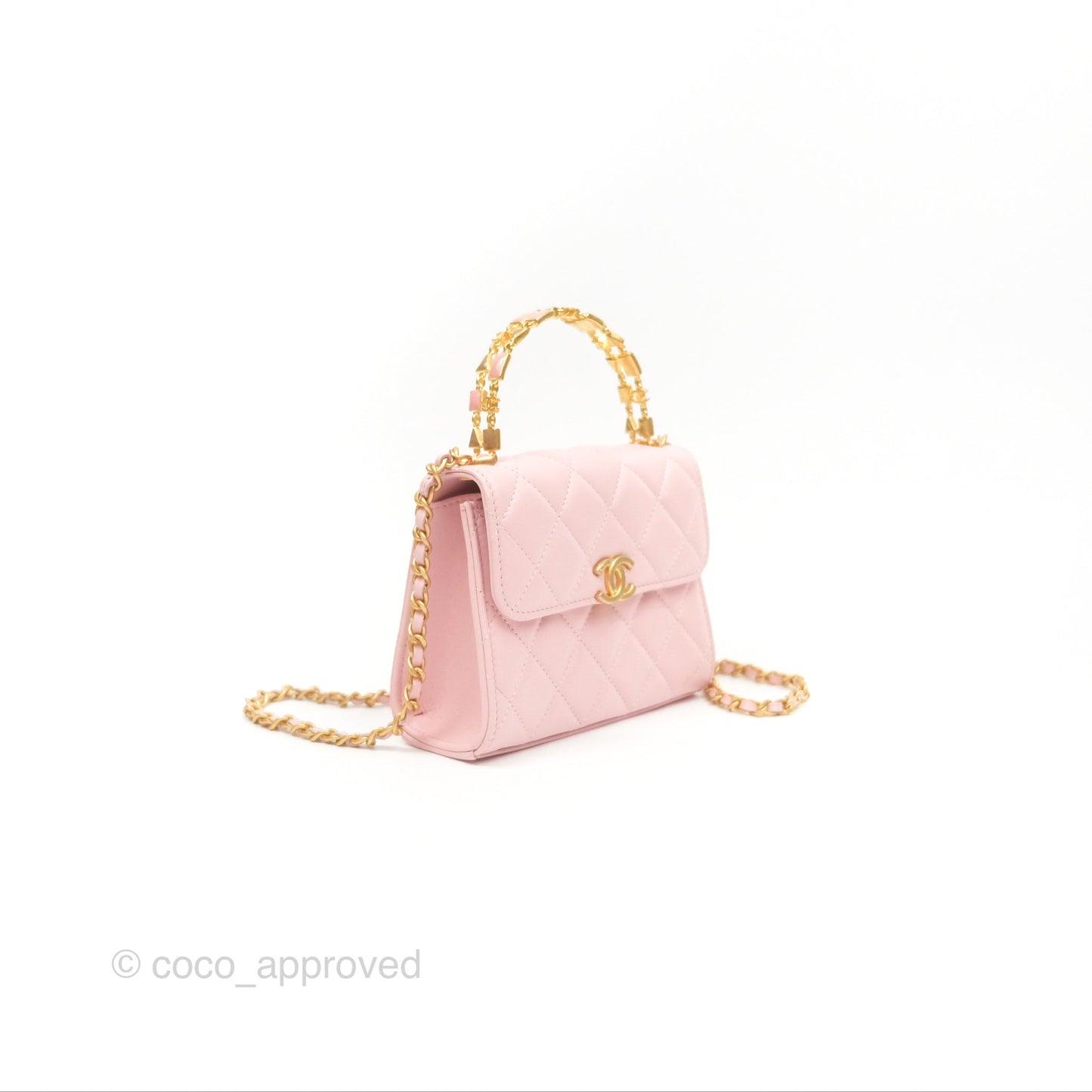 Chanel Enamel Top Handle Clutch with Chain Pink Lambskin Aged Gold Hardware 22B