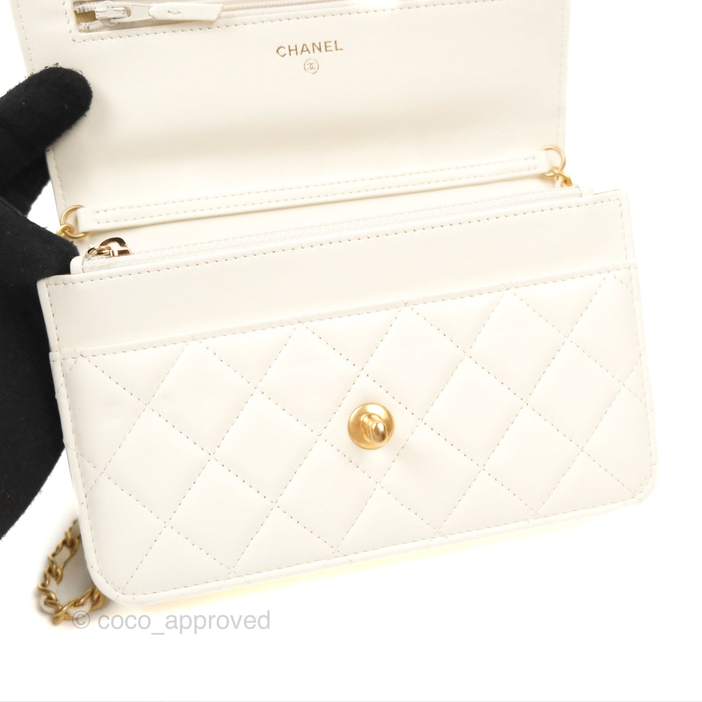 Chanel Quilted Pearl Crush Wallet on Chain WOC White Lambskin Aged Gold Hardware