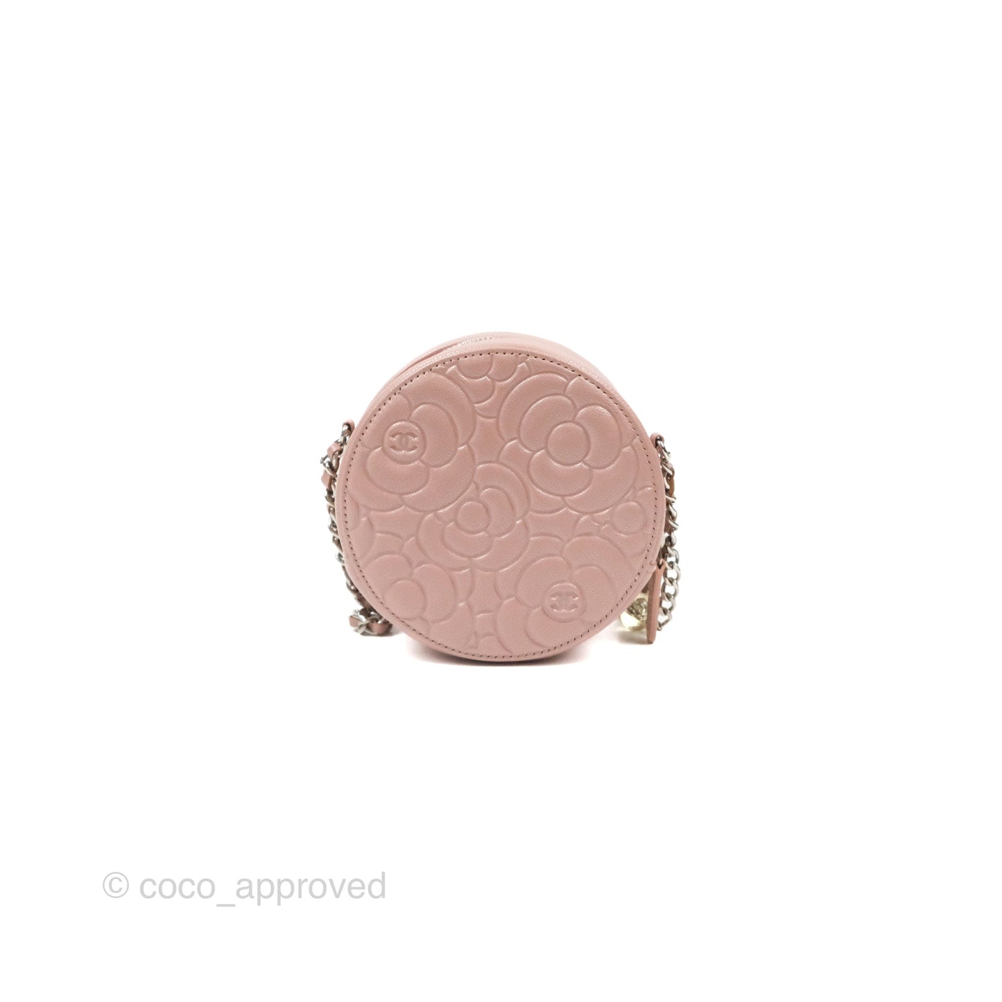 Chanel Camellia Embossed Round Clutch With Chain Iridescent Light Pink Goatskin Silver Hardware