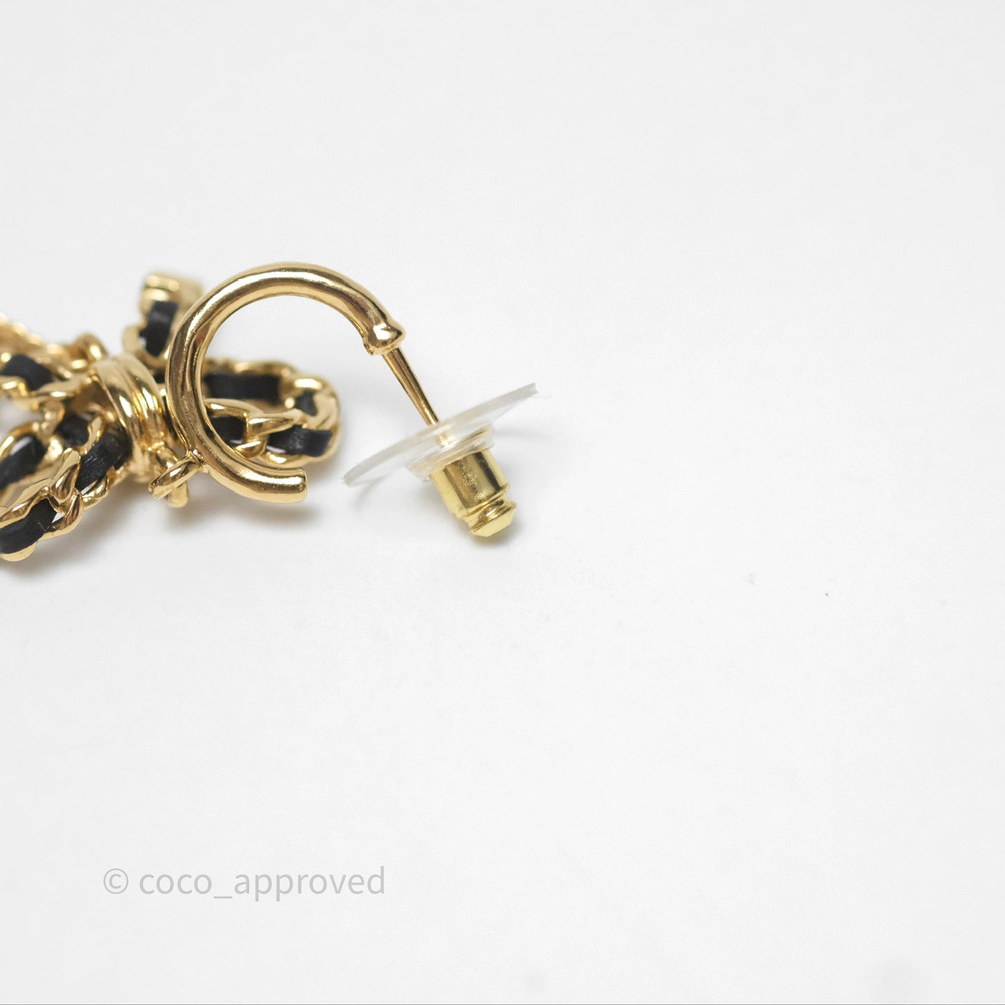Chanel Woven Ribbon Bow Black Drop Earrings Gold Tone 22A