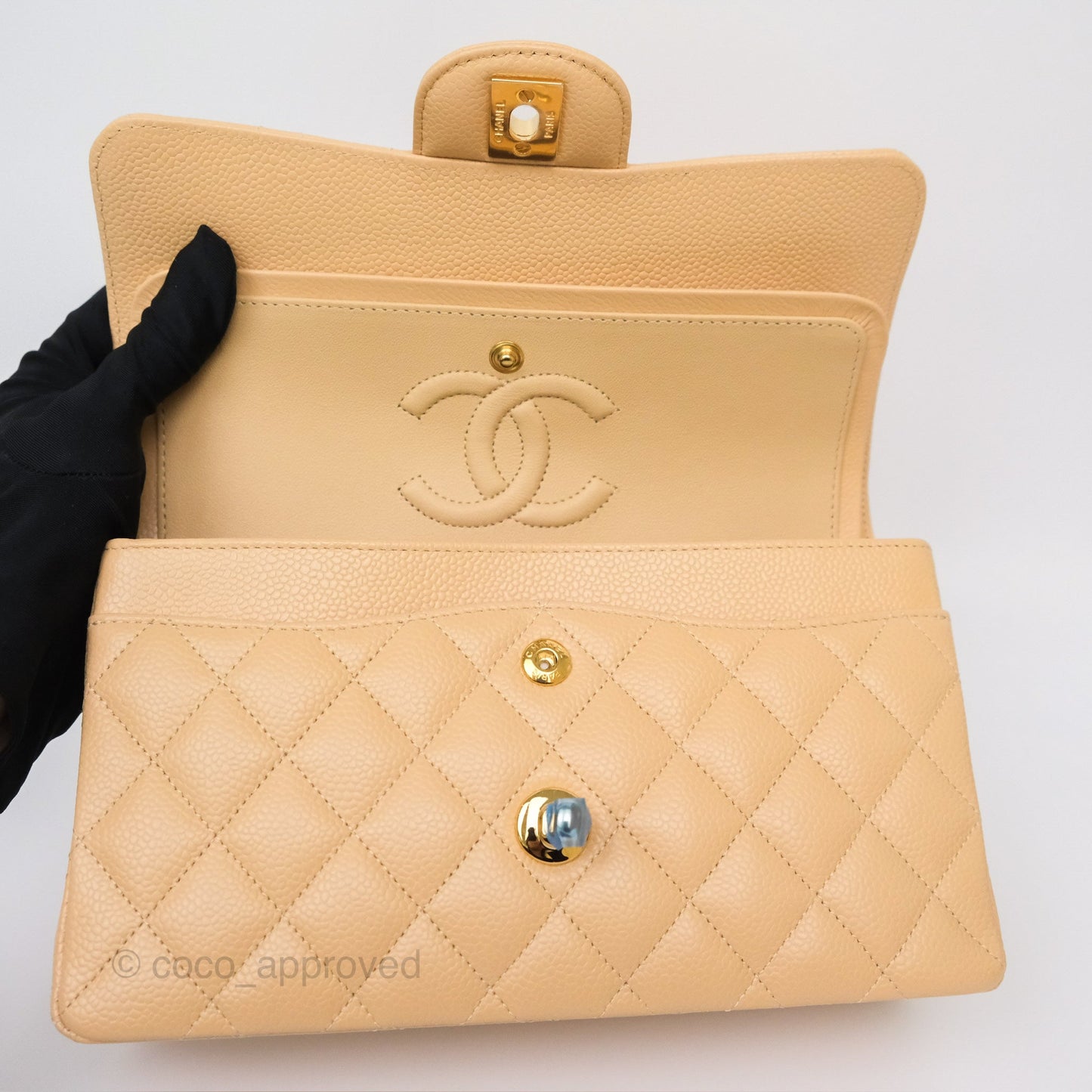 Chanel Small S/M Classic Flap Quilted Beige Caviar Gold Hardware