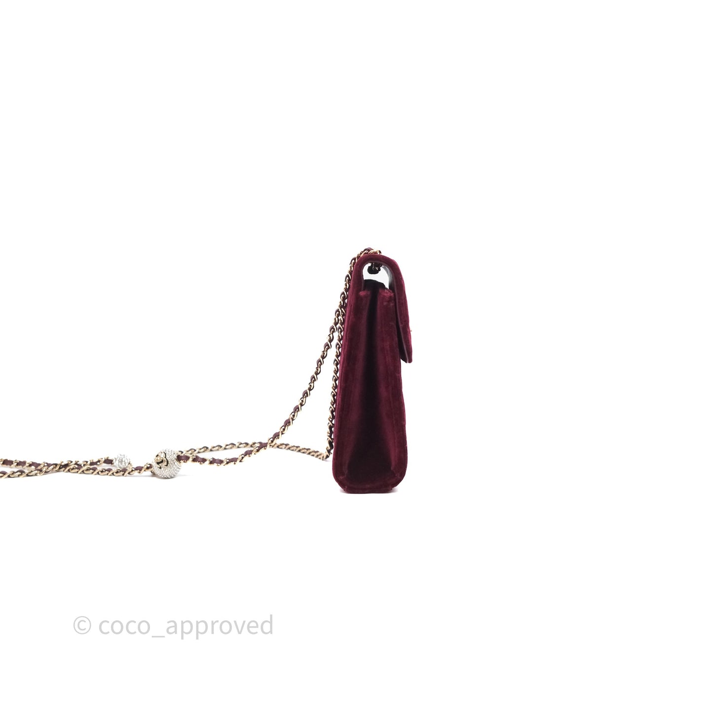 Chanel Quilted Phone Holder Crystals Pearl Crush Red Velvet Gold Hardware