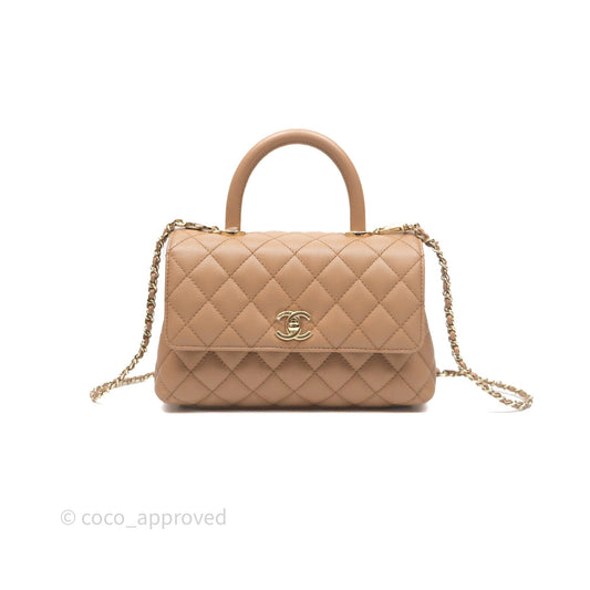 Chanel Small Coco Handle Quilted Dark Beige Caviar Gold Hardware