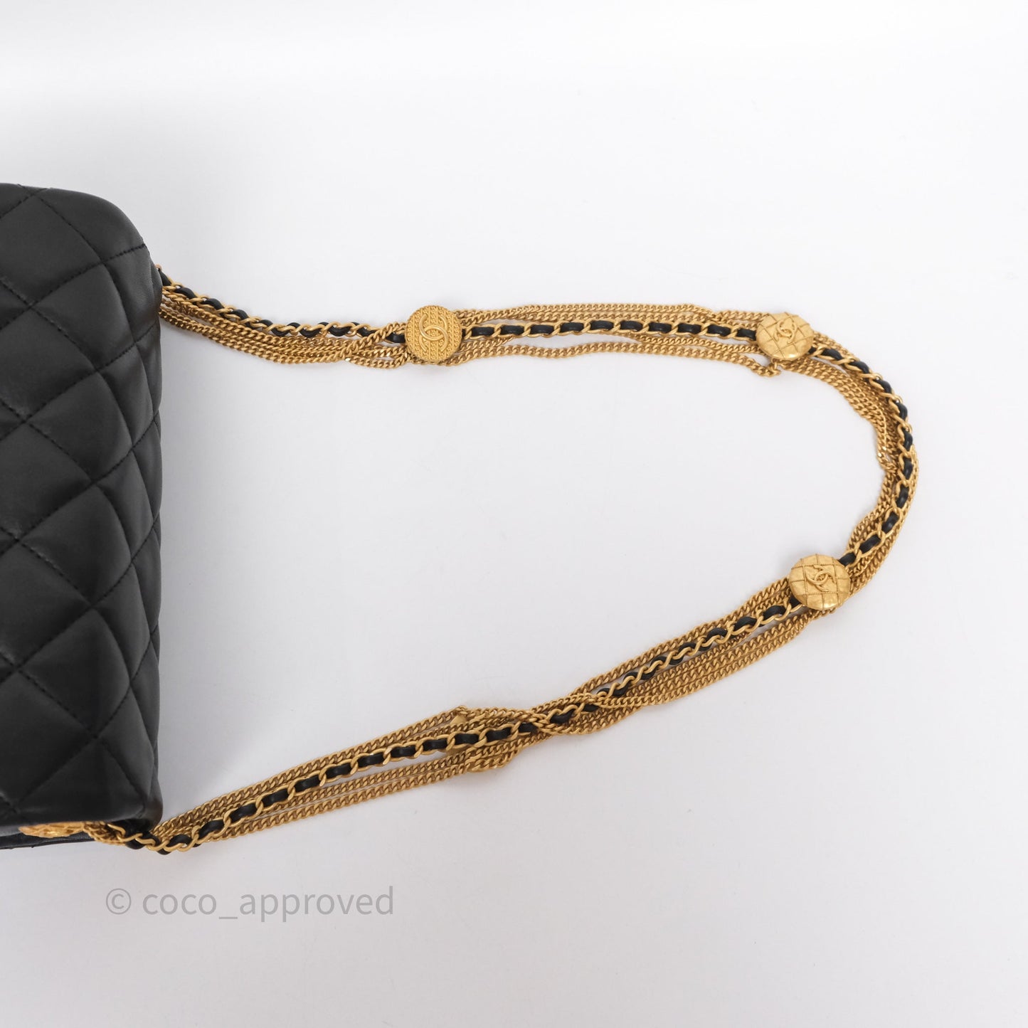 Chanel Quilted Accordion Flap Bag with Button on Chain Black Lambskin Aged Gold Hardware 22A