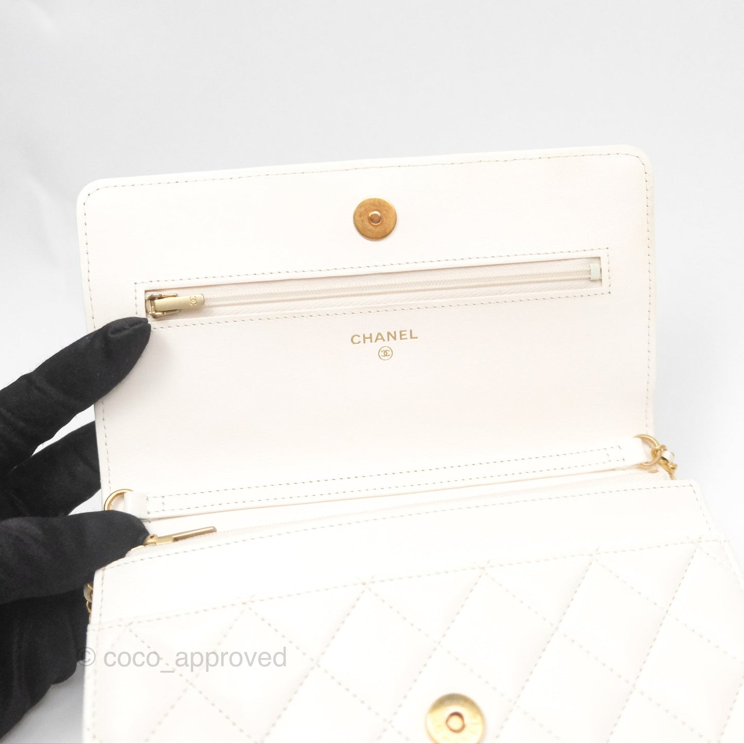 Chanel Quilted Wallet on Chain WOC Coco Heart Chain White Lambskin Aged Gold Hardware 22K