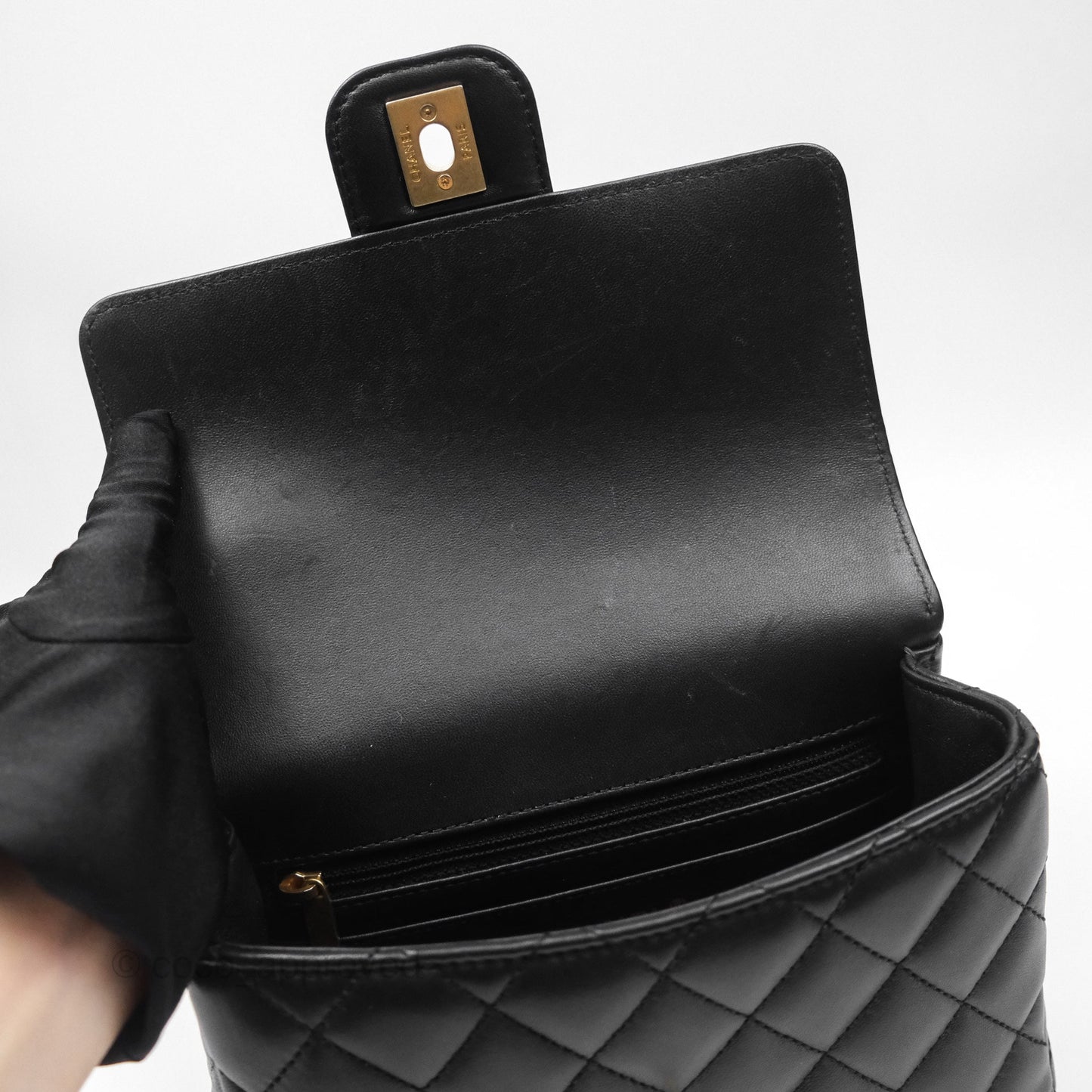 Chanel Flap Bag with Logo Enamel Chain Black Lambskin 22B