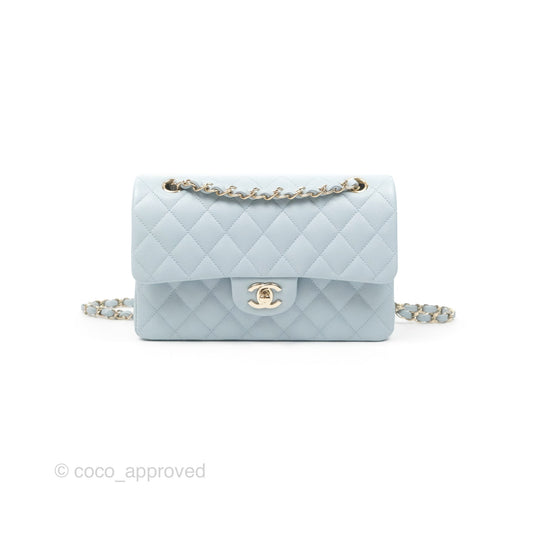 Chanel Small Classic Quilted Flap Light Blue Caviar Gold Hardware