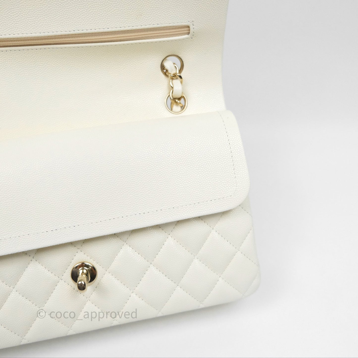 Chanel Classic M/L Medium Flap Quilted Ivory White Caviar Gold Hardware