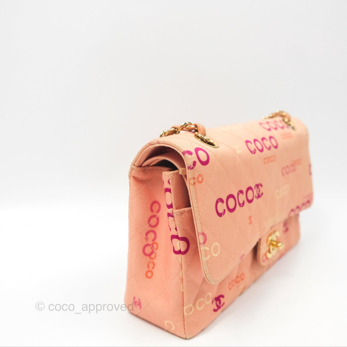 Chanel Coco Logo Medium Classic Flap Quilted Coral Pink Canvas Gold Hardware